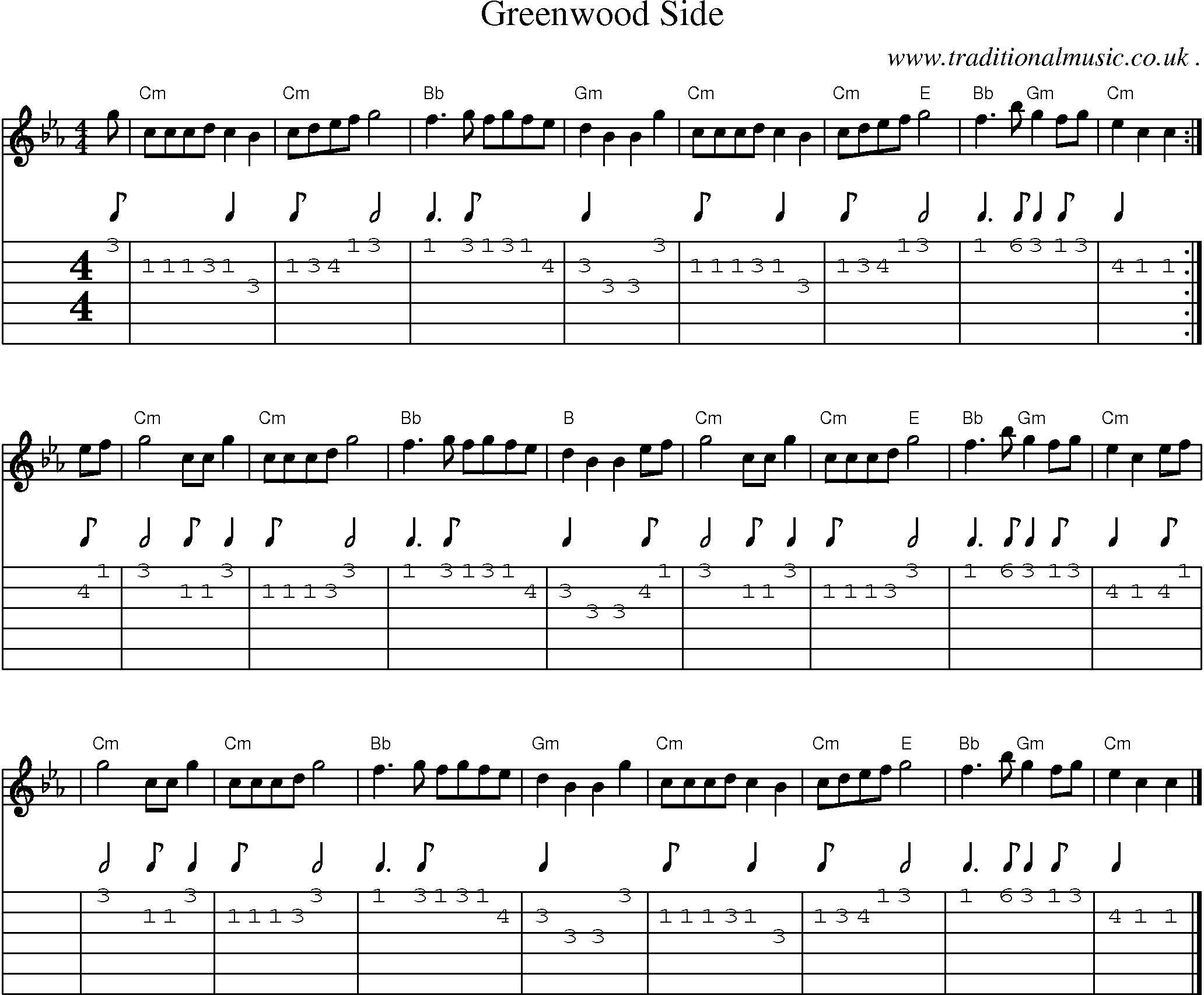 Sheet-music  score, Chords and Guitar Tabs for Greenwood Side