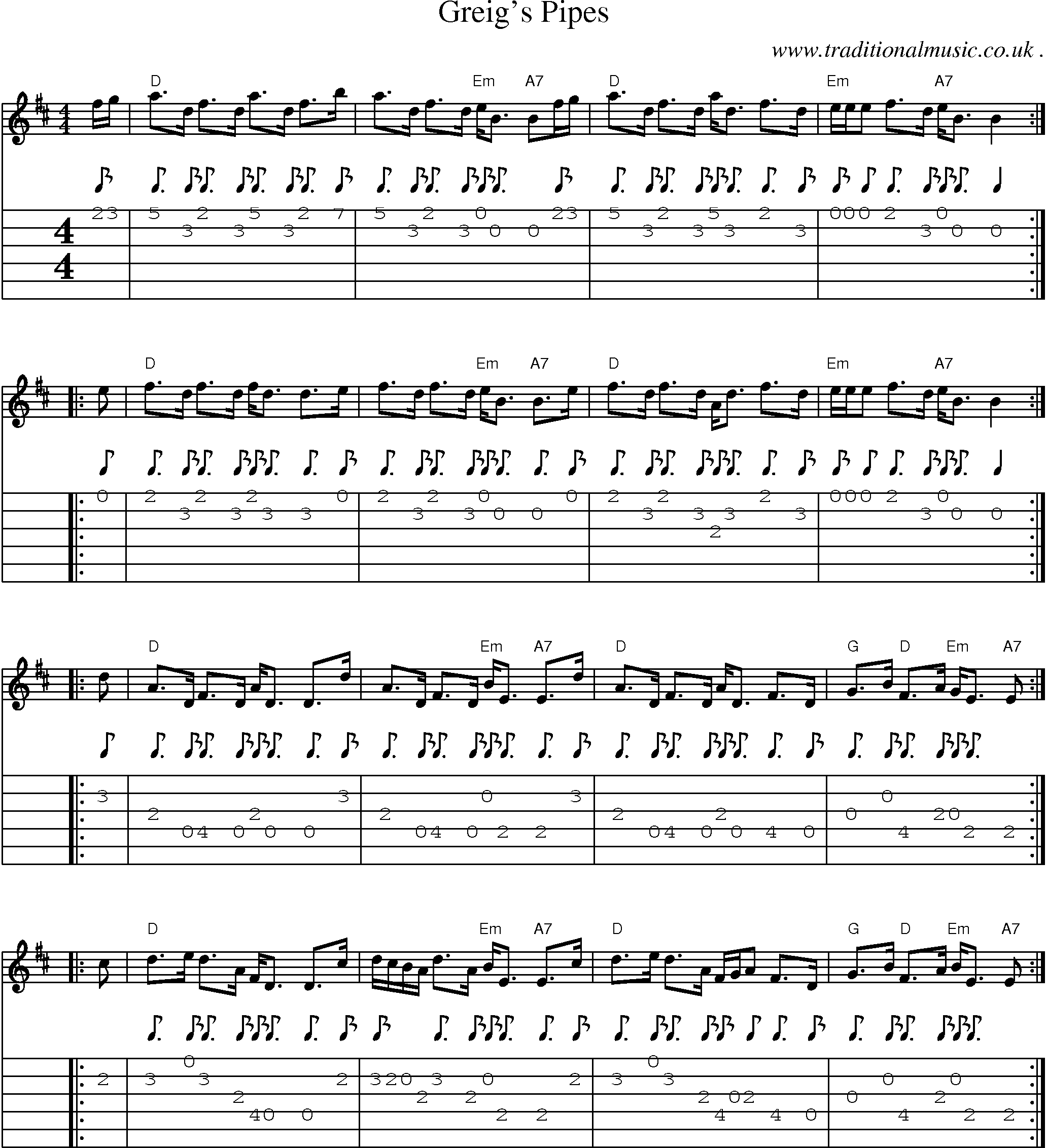 Sheet-music  score, Chords and Guitar Tabs for Greigs Pipes