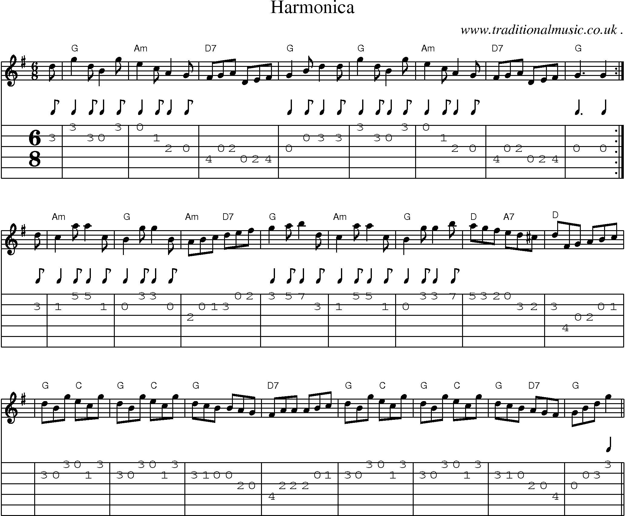 Sheet-music  score, Chords and Guitar Tabs for Harmonica