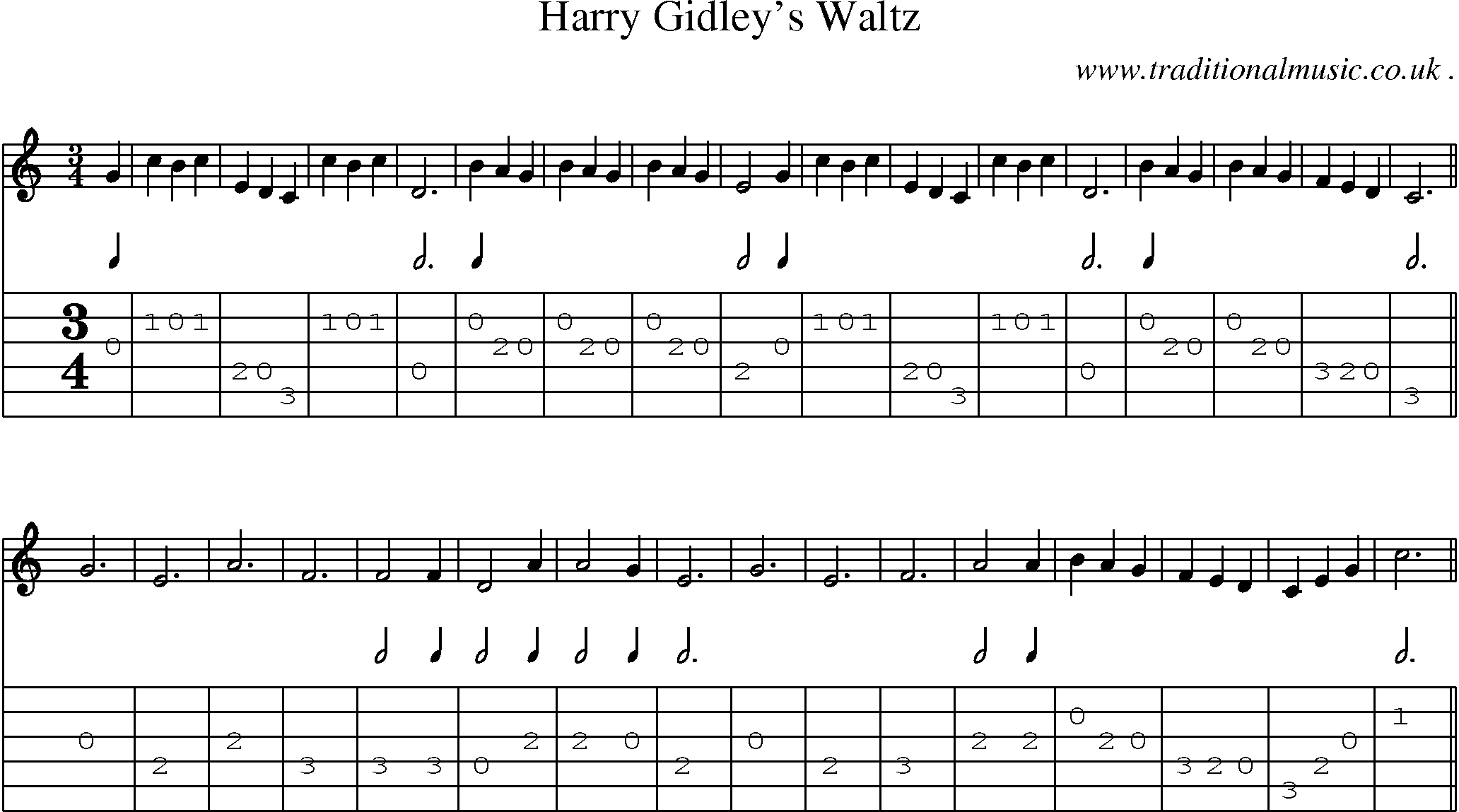 Sheet-music  score, Chords and Guitar Tabs for Harry Gidleys Waltz