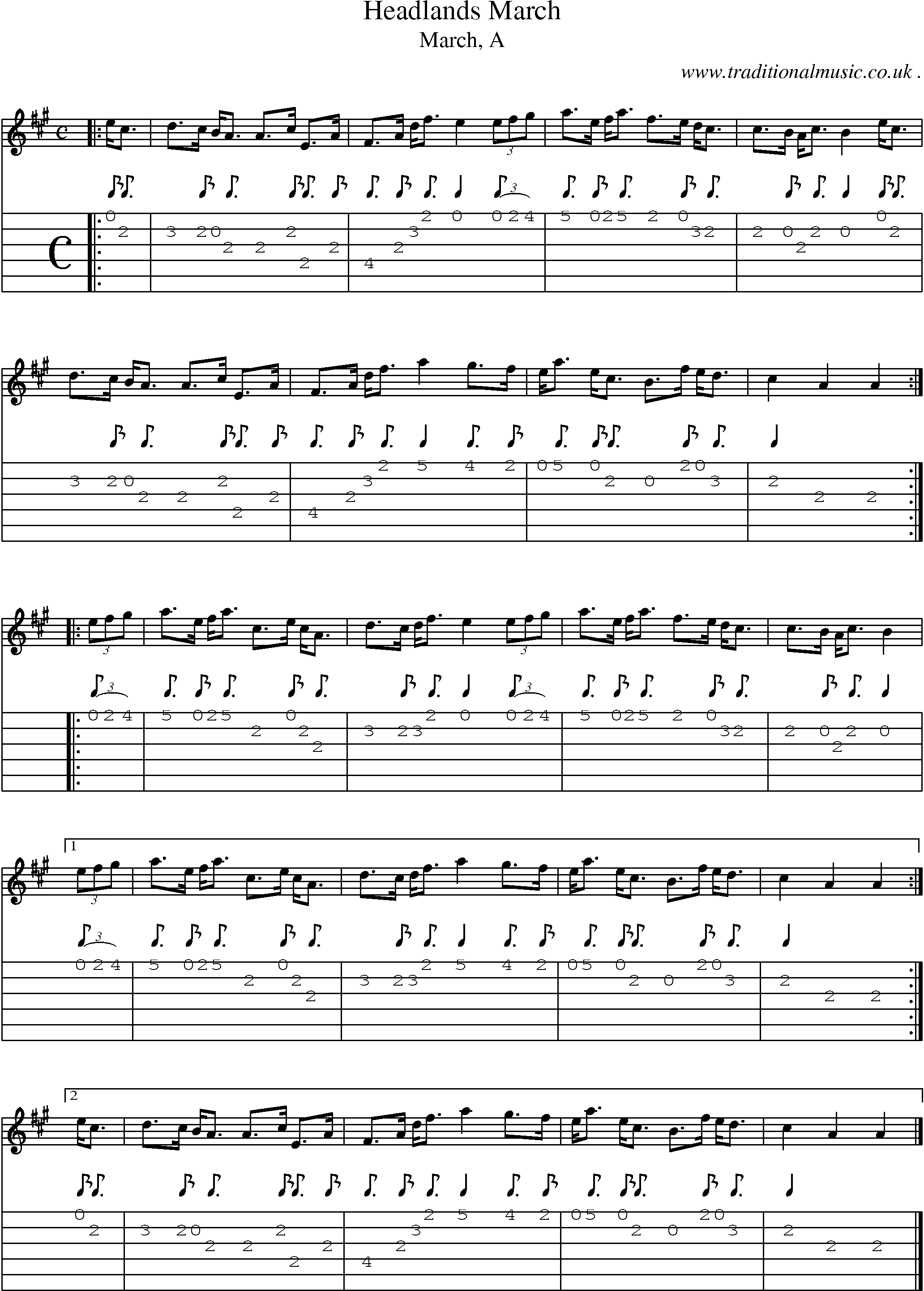 Sheet-music  score, Chords and Guitar Tabs for Headlands March