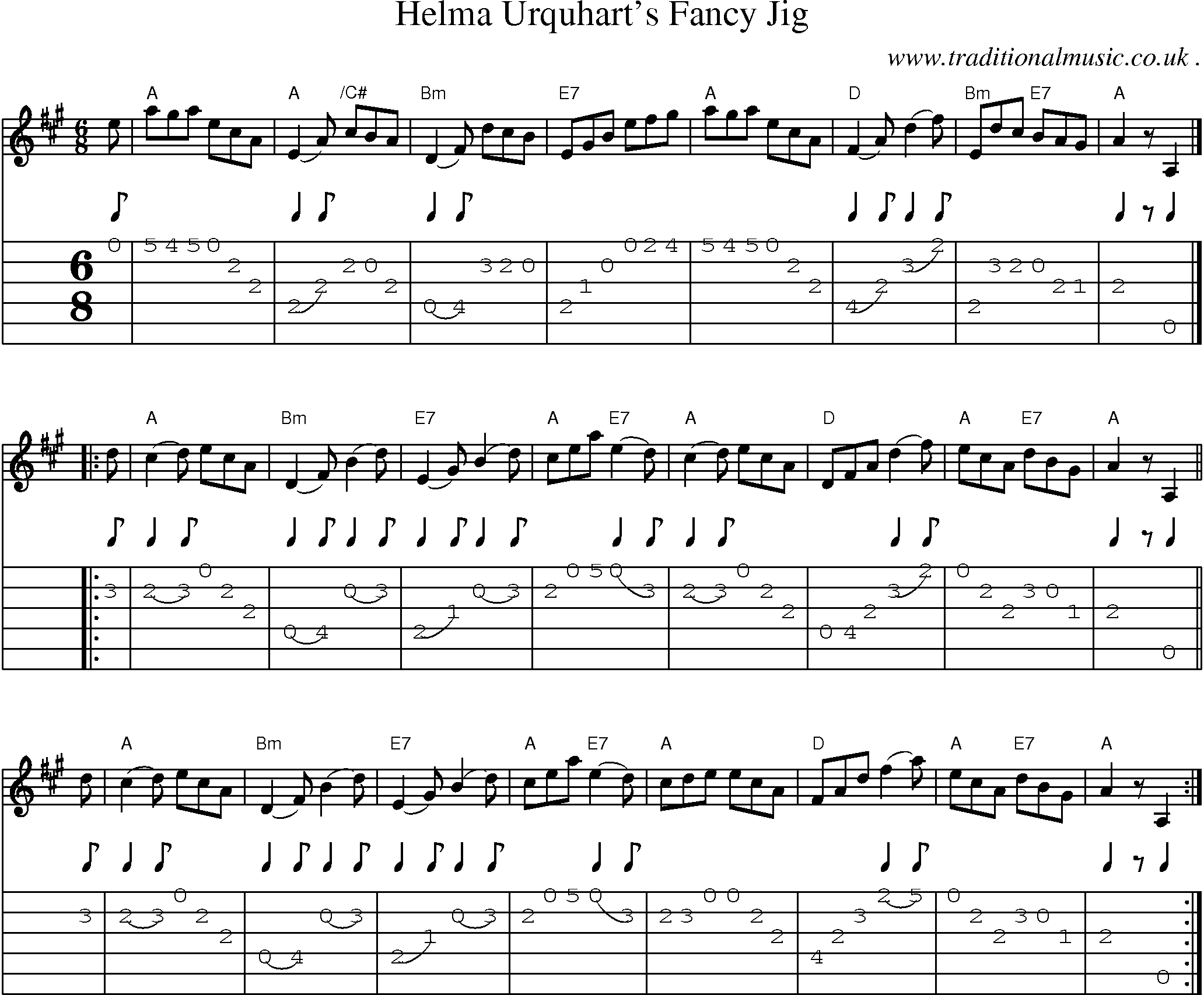Sheet-music  score, Chords and Guitar Tabs for Helma Urquharts Fancy Jig
