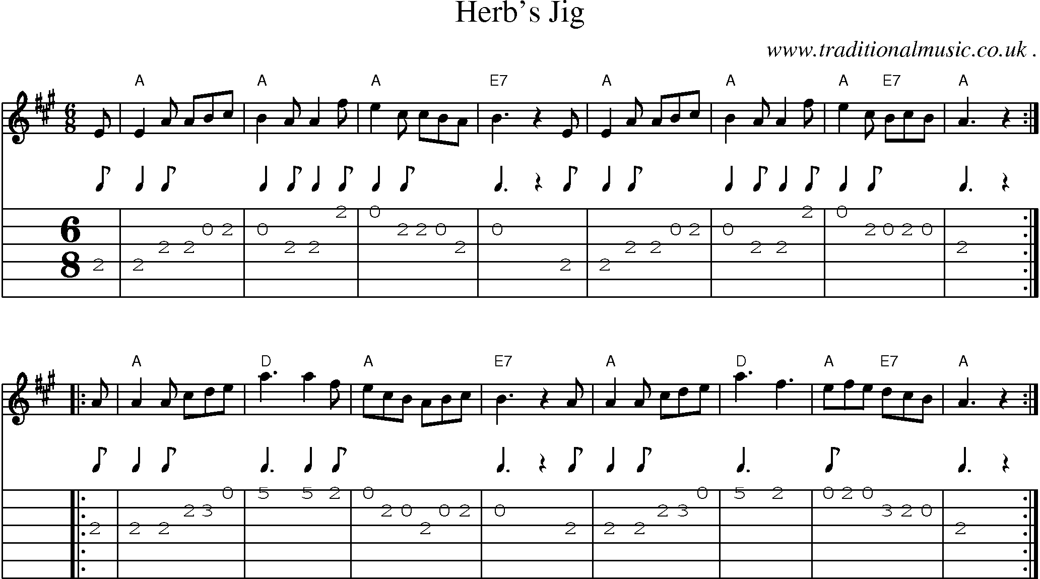 Sheet-music  score, Chords and Guitar Tabs for Herbs Jig