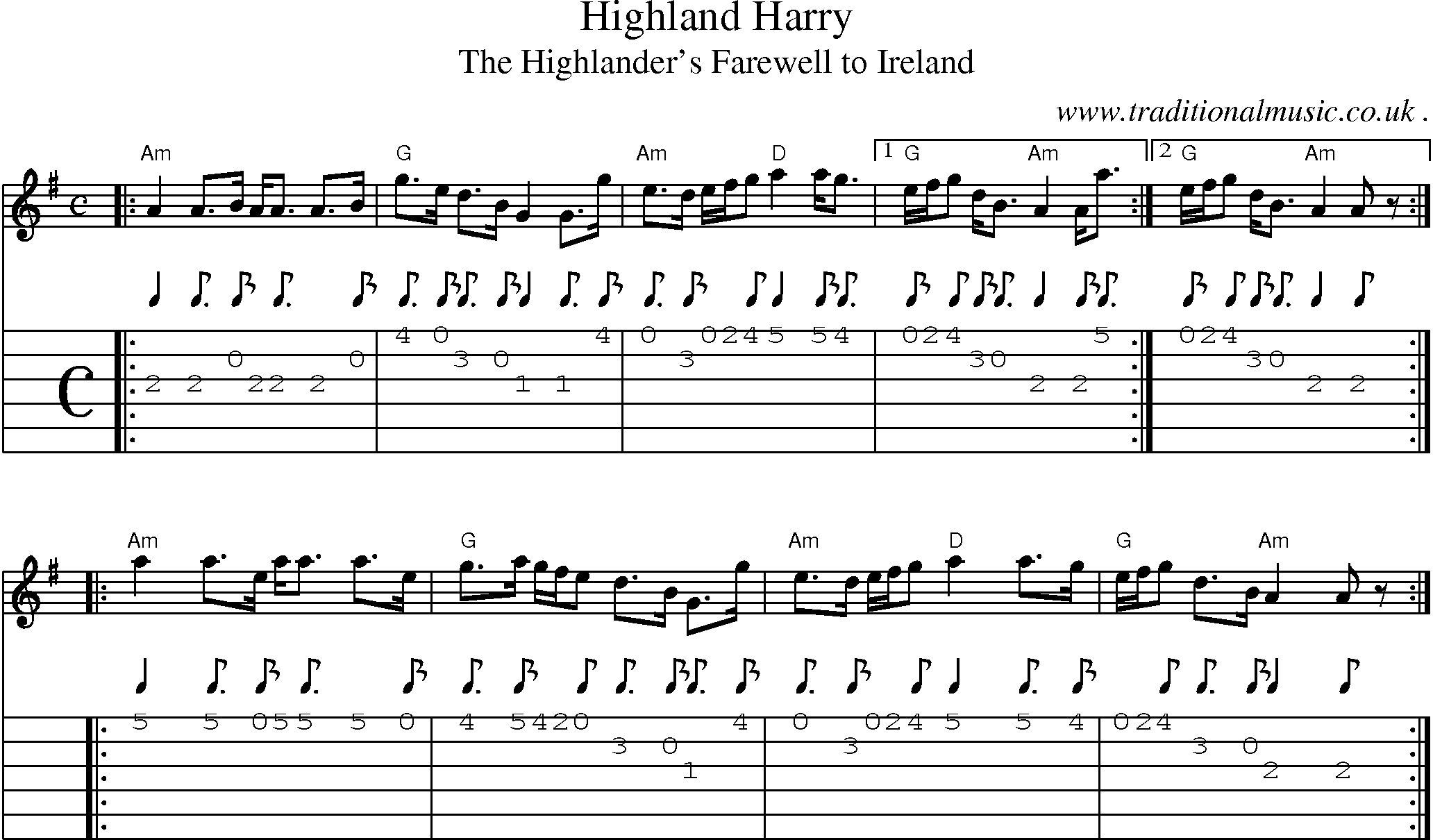 Sheet-music  score, Chords and Guitar Tabs for Highland Harry