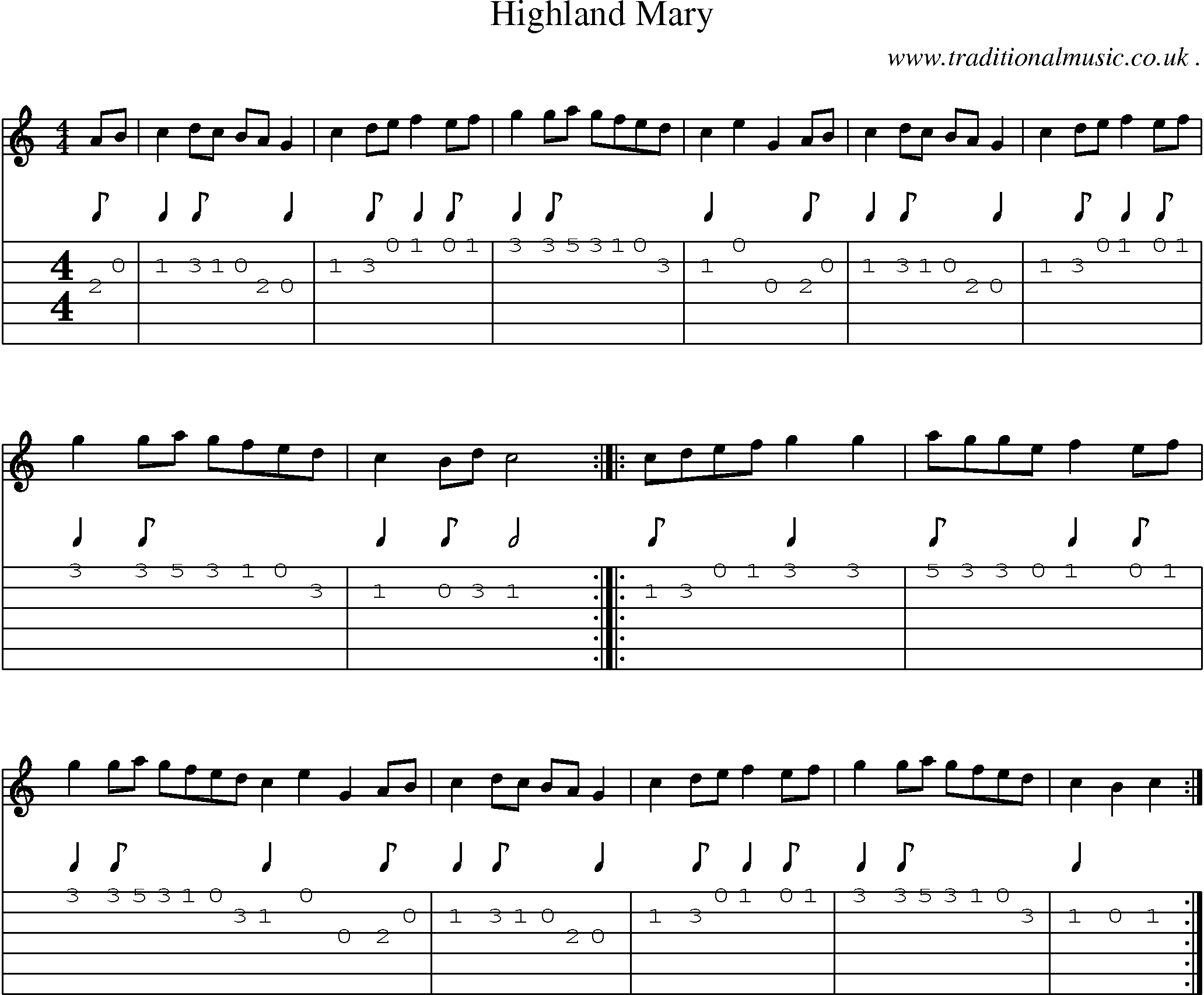 Sheet-music  score, Chords and Guitar Tabs for Highland Mary