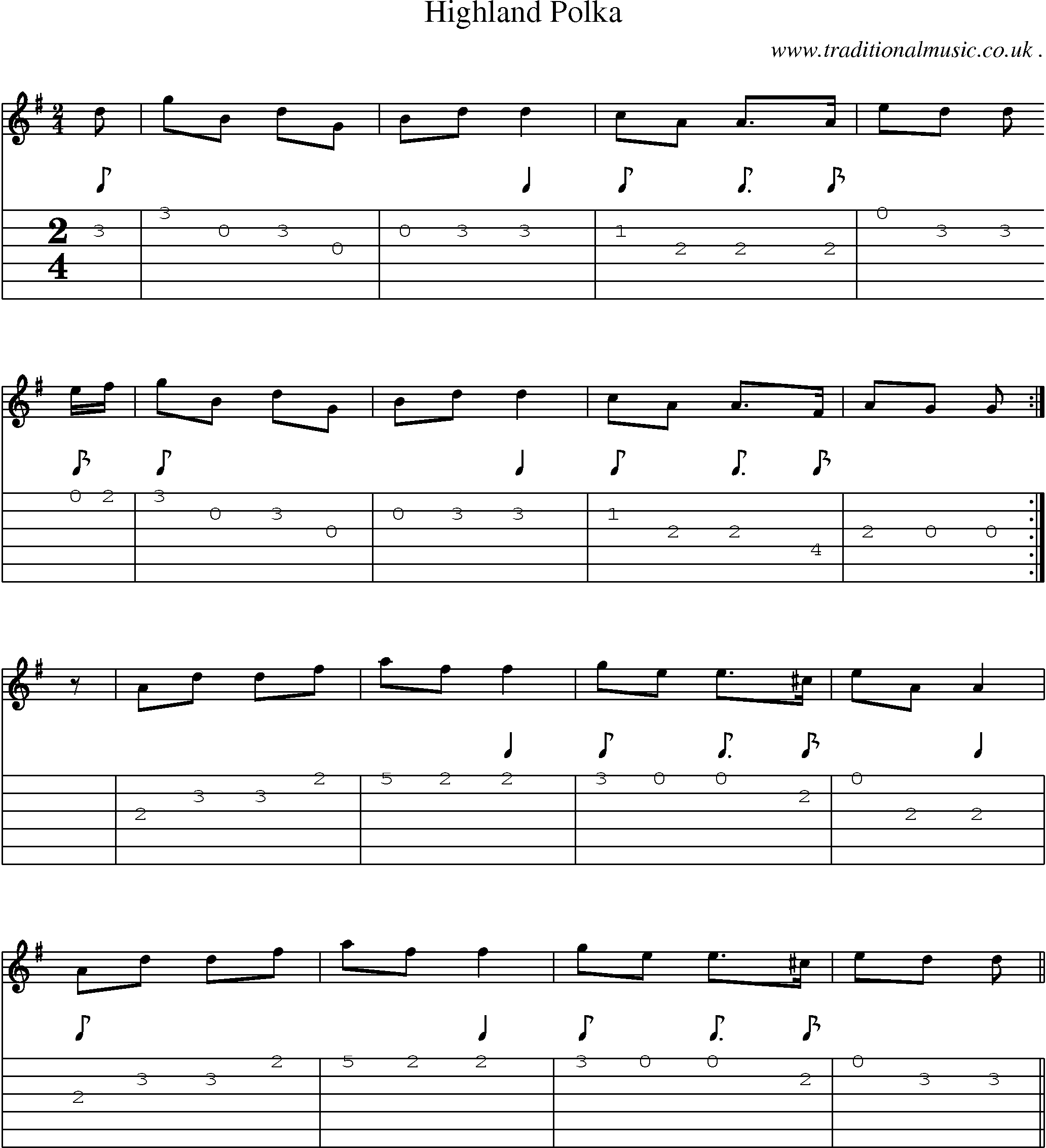 Sheet-music  score, Chords and Guitar Tabs for Highland Polka