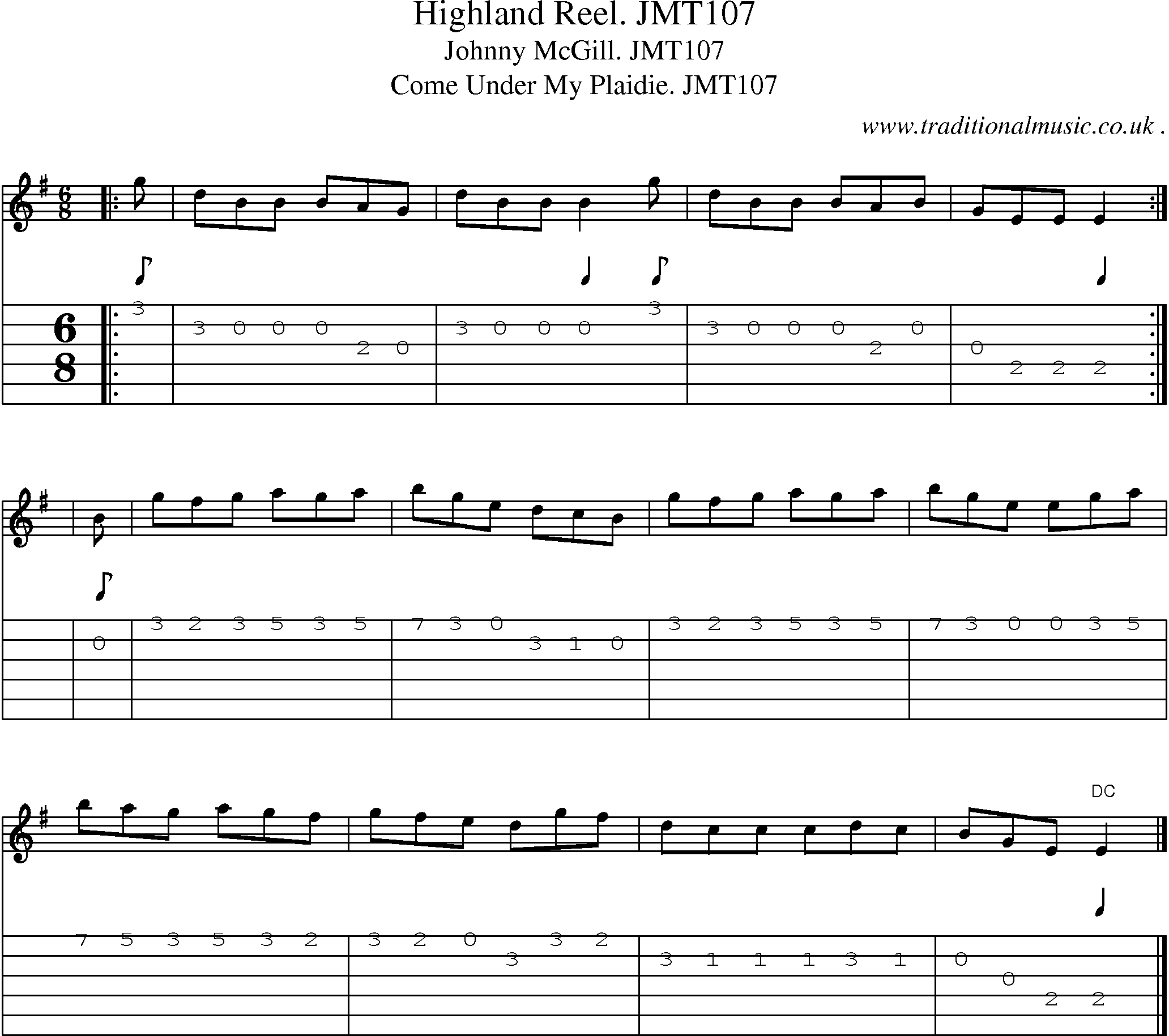 Sheet-music  score, Chords and Guitar Tabs for Highland Reel Jmt107