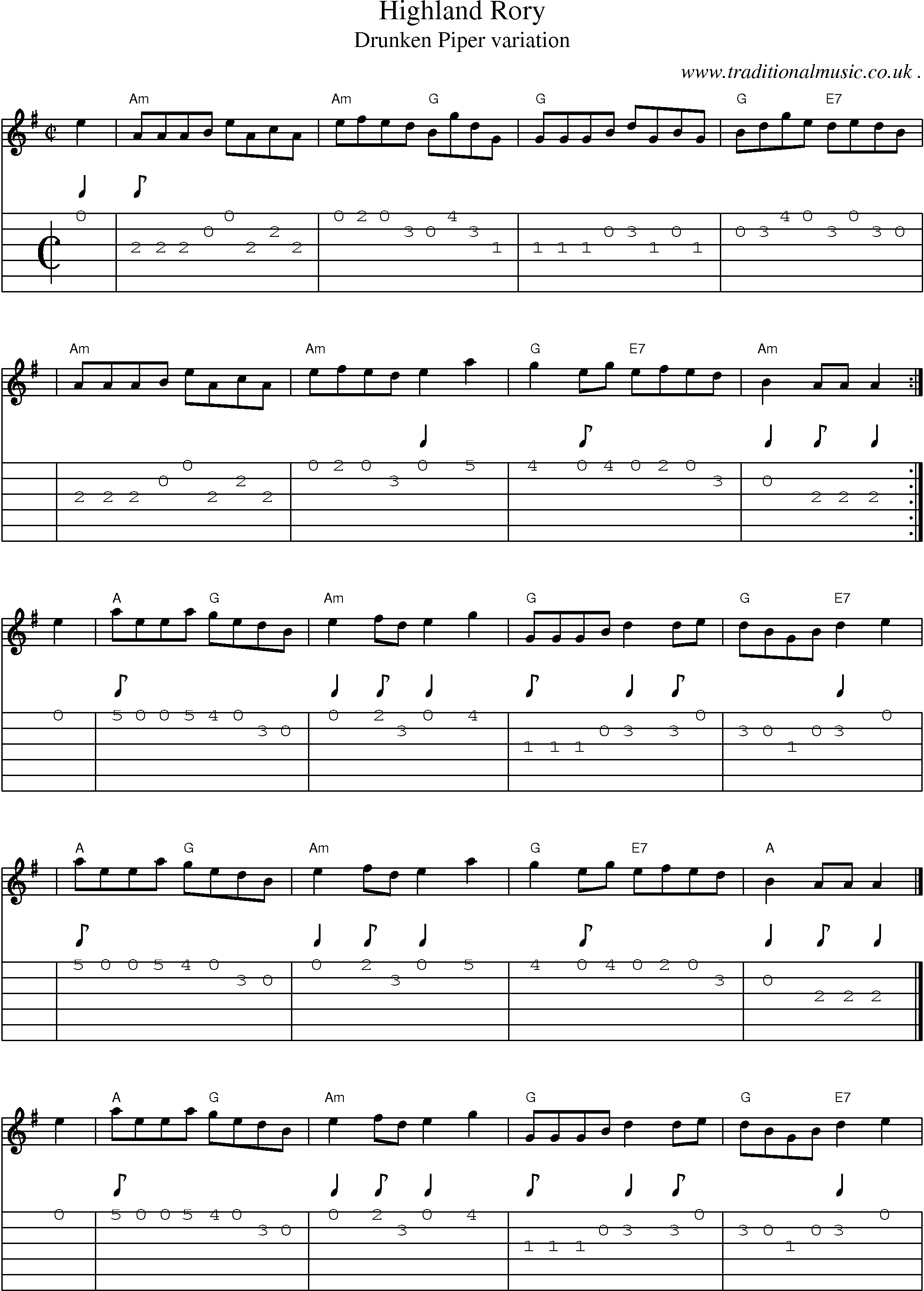 Sheet-music  score, Chords and Guitar Tabs for Highland Rory