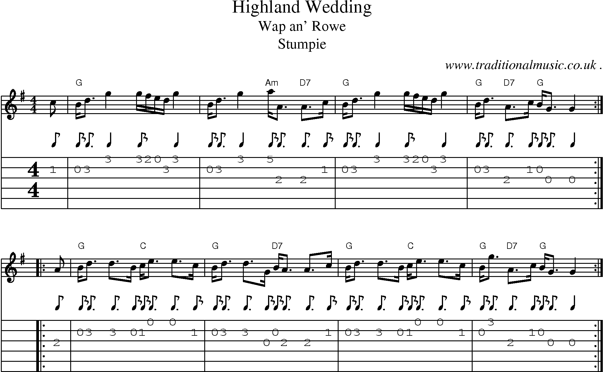 Sheet-music  score, Chords and Guitar Tabs for Highland Wedding