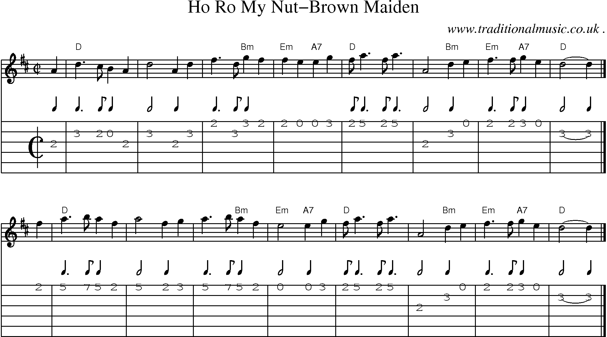 Sheet-music  score, Chords and Guitar Tabs for Ho Ro My Nut-brown Maiden