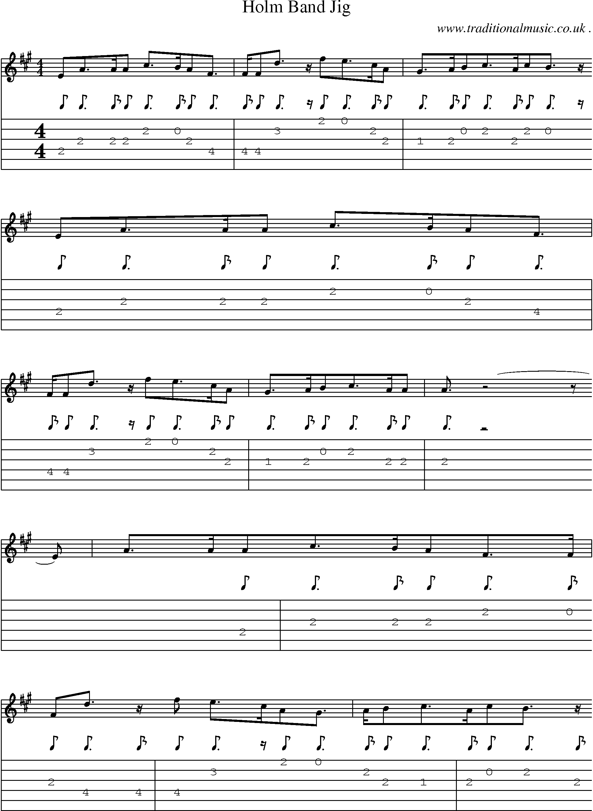 Sheet-music  score, Chords and Guitar Tabs for Holm Band Jig