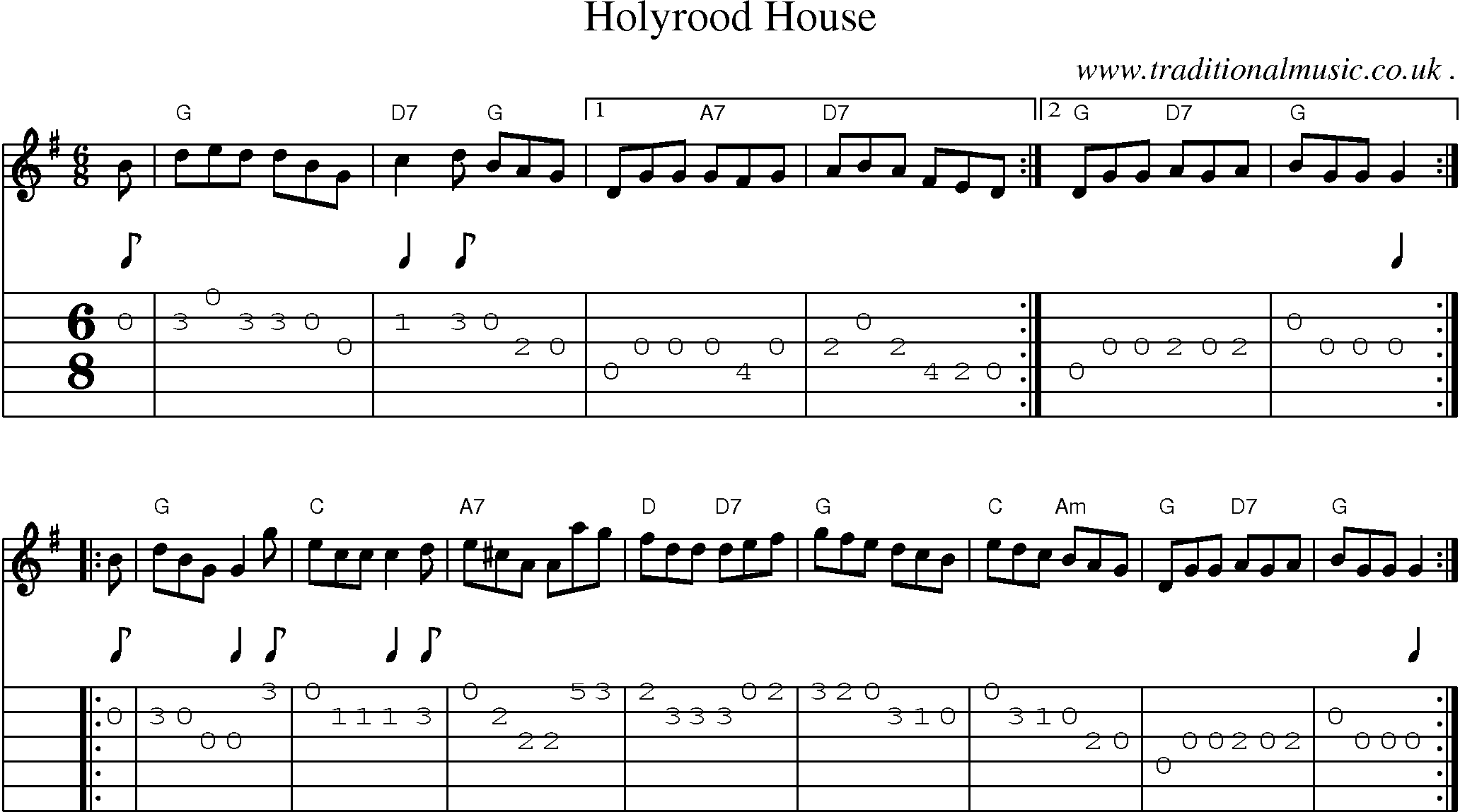 Sheet-music  score, Chords and Guitar Tabs for Holyrood House
