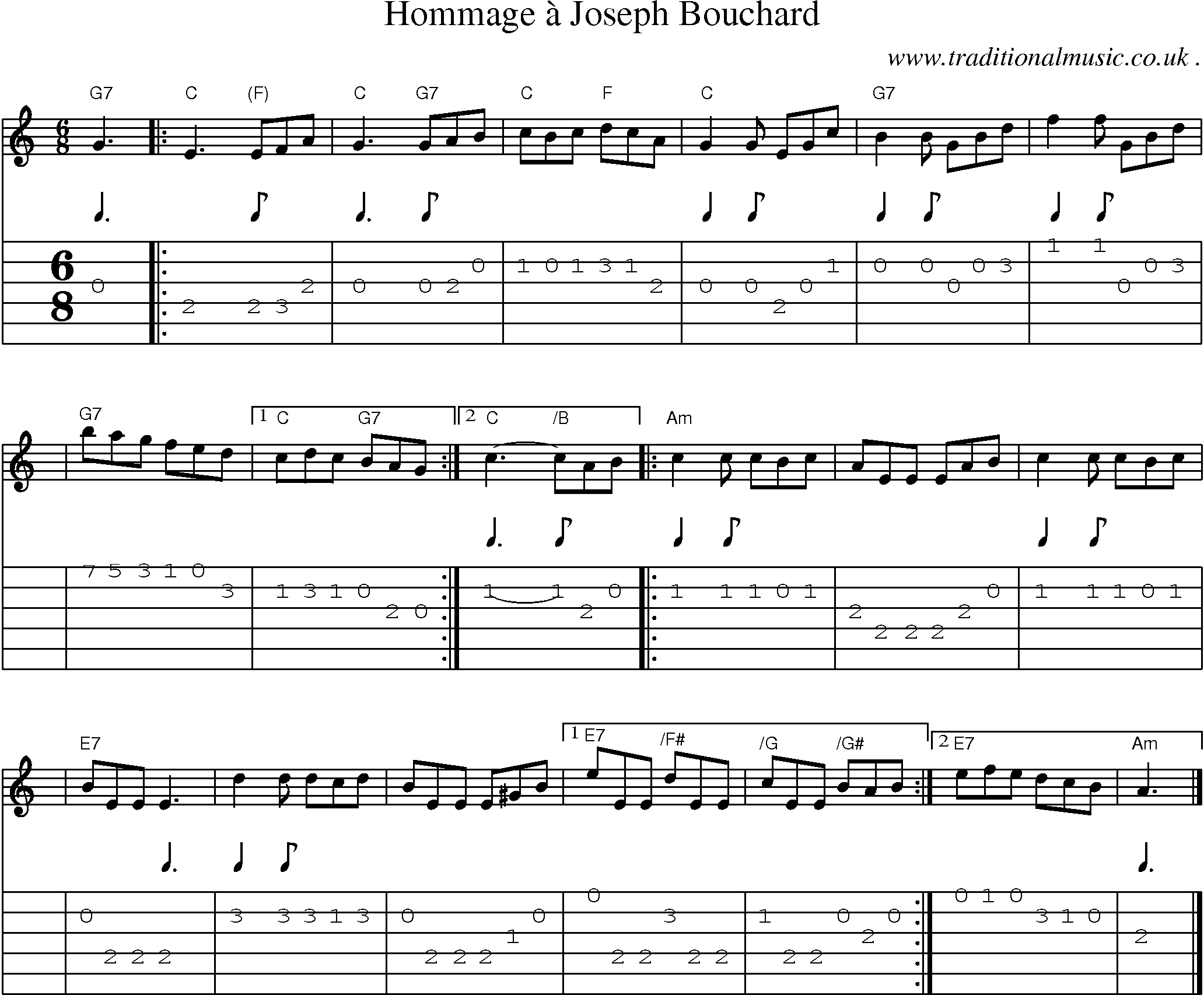Sheet-music  score, Chords and Guitar Tabs for Hommage A Joseph Bouchard