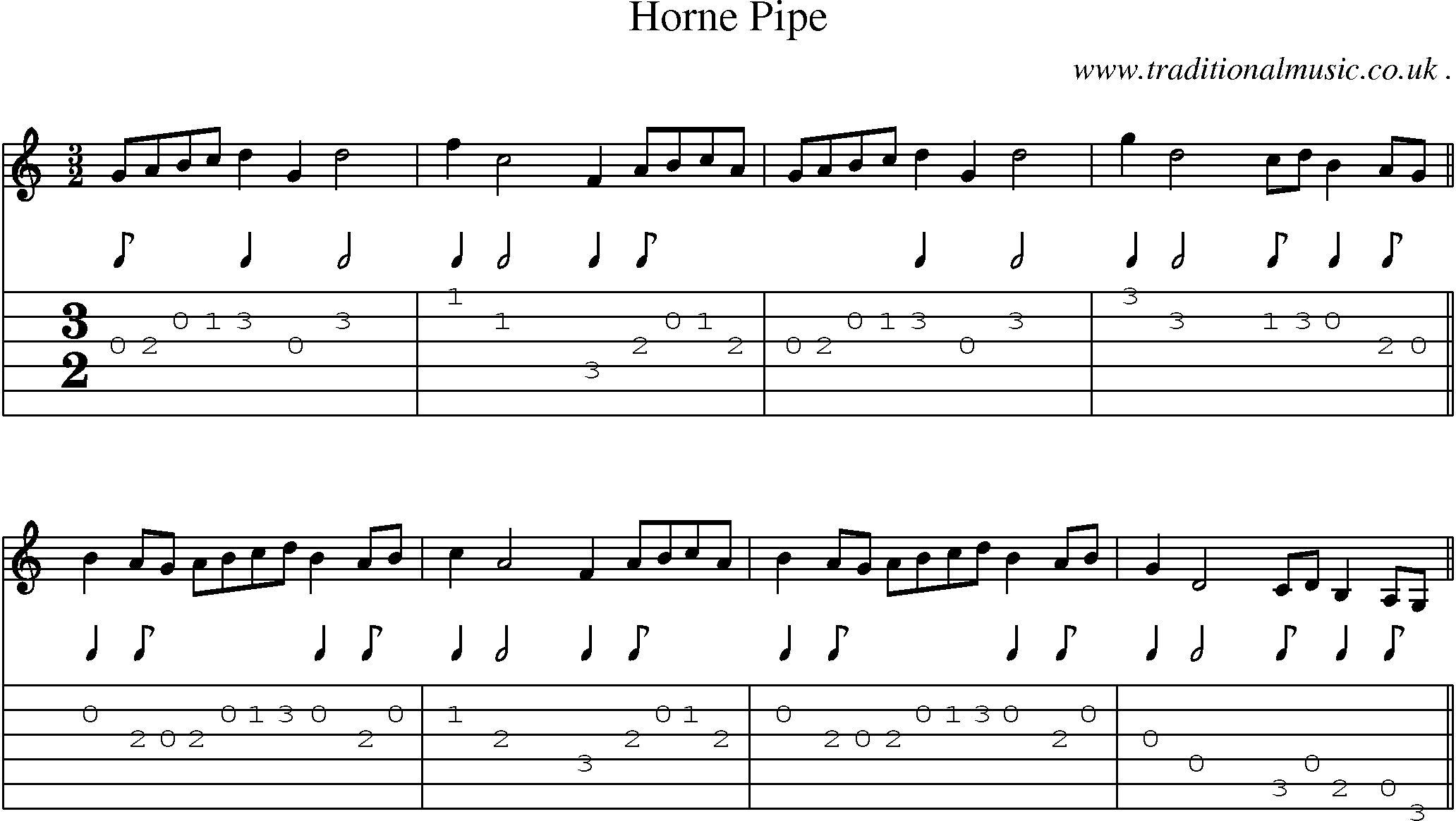 Sheet-music  score, Chords and Guitar Tabs for Horne Pipe