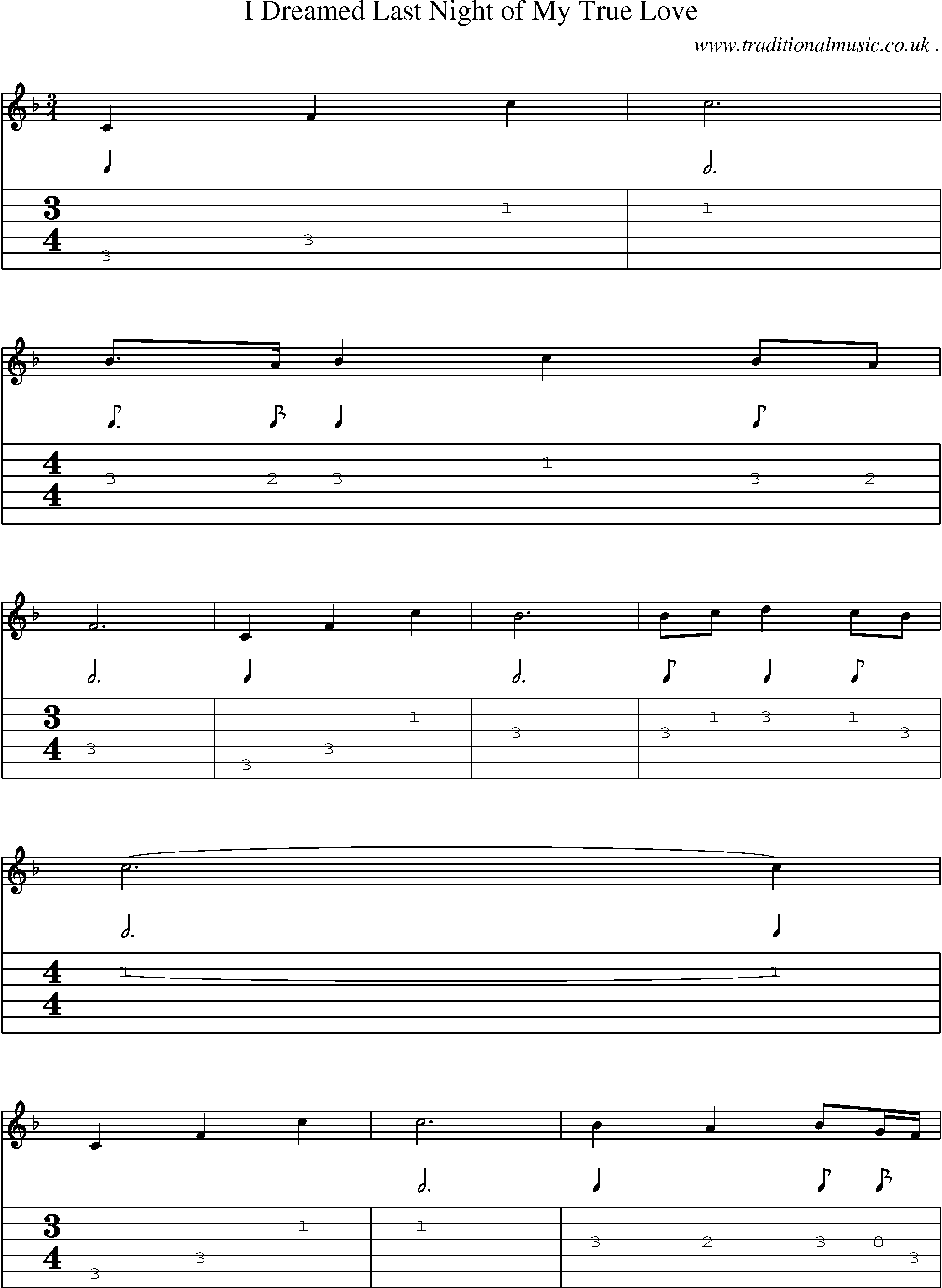 Sheet-music  score, Chords and Guitar Tabs for I Dreamed Last Night Of My True Love