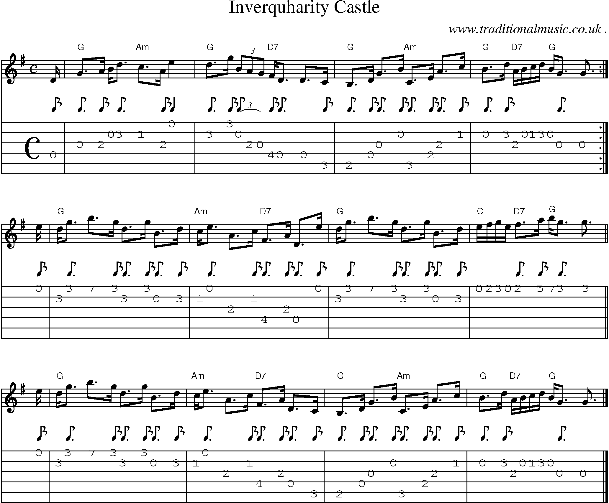 Sheet-music  score, Chords and Guitar Tabs for Inverquharity Castle
