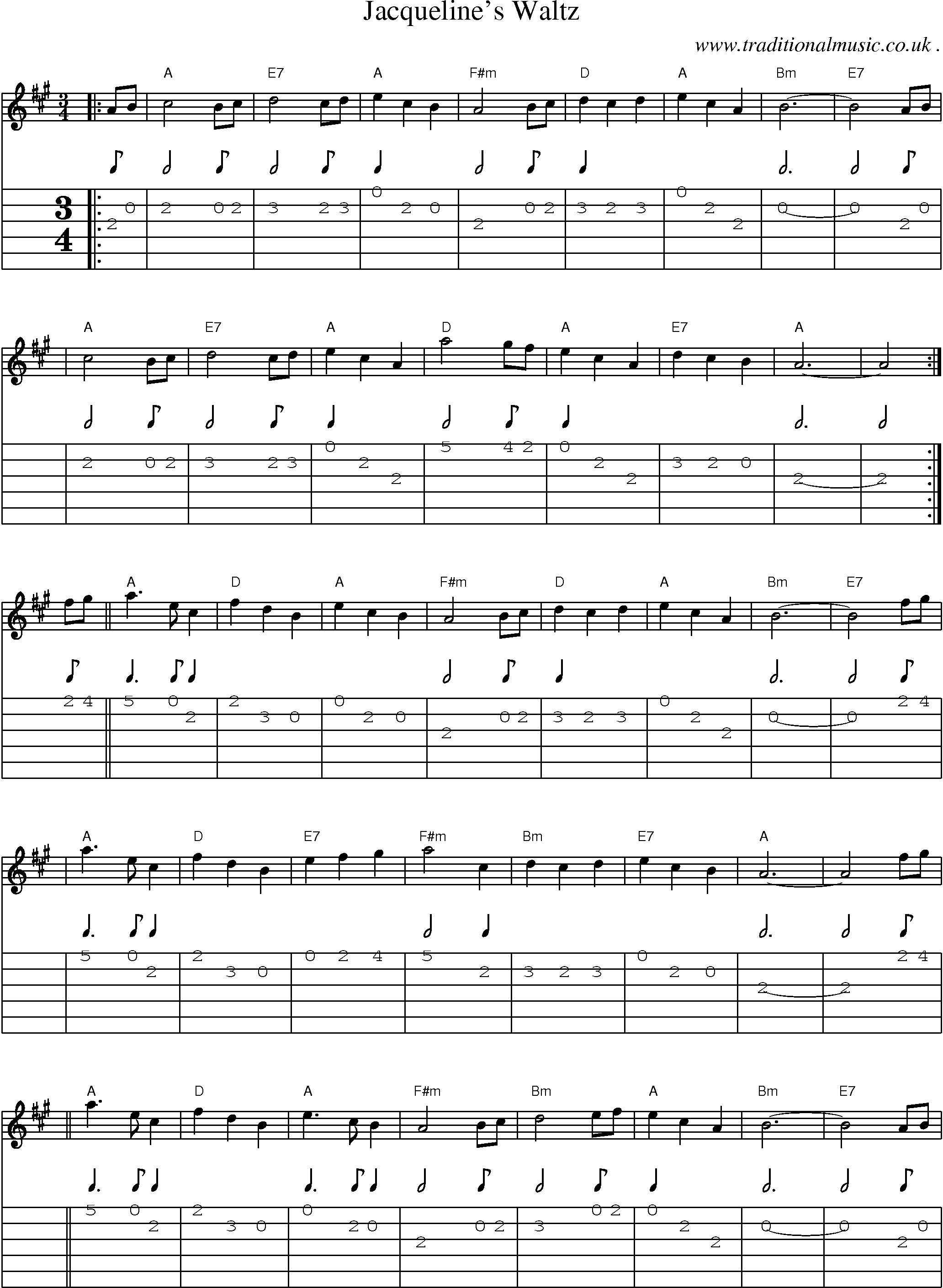 Sheet-music  score, Chords and Guitar Tabs for Jacquelines Waltz