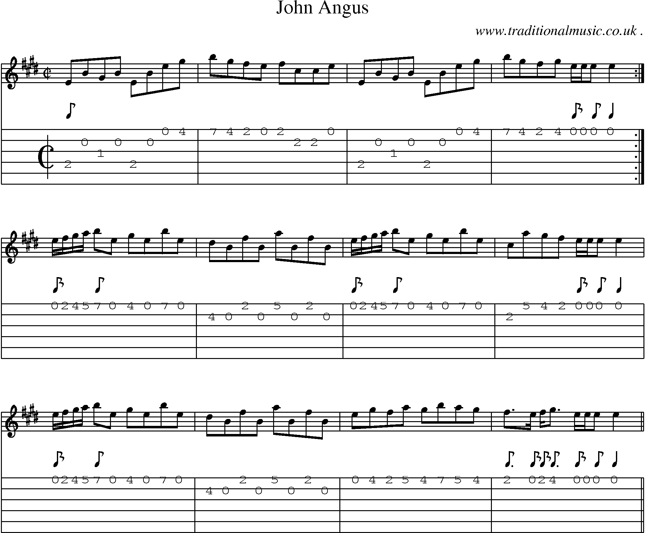 Sheet-music  score, Chords and Guitar Tabs for John Angus