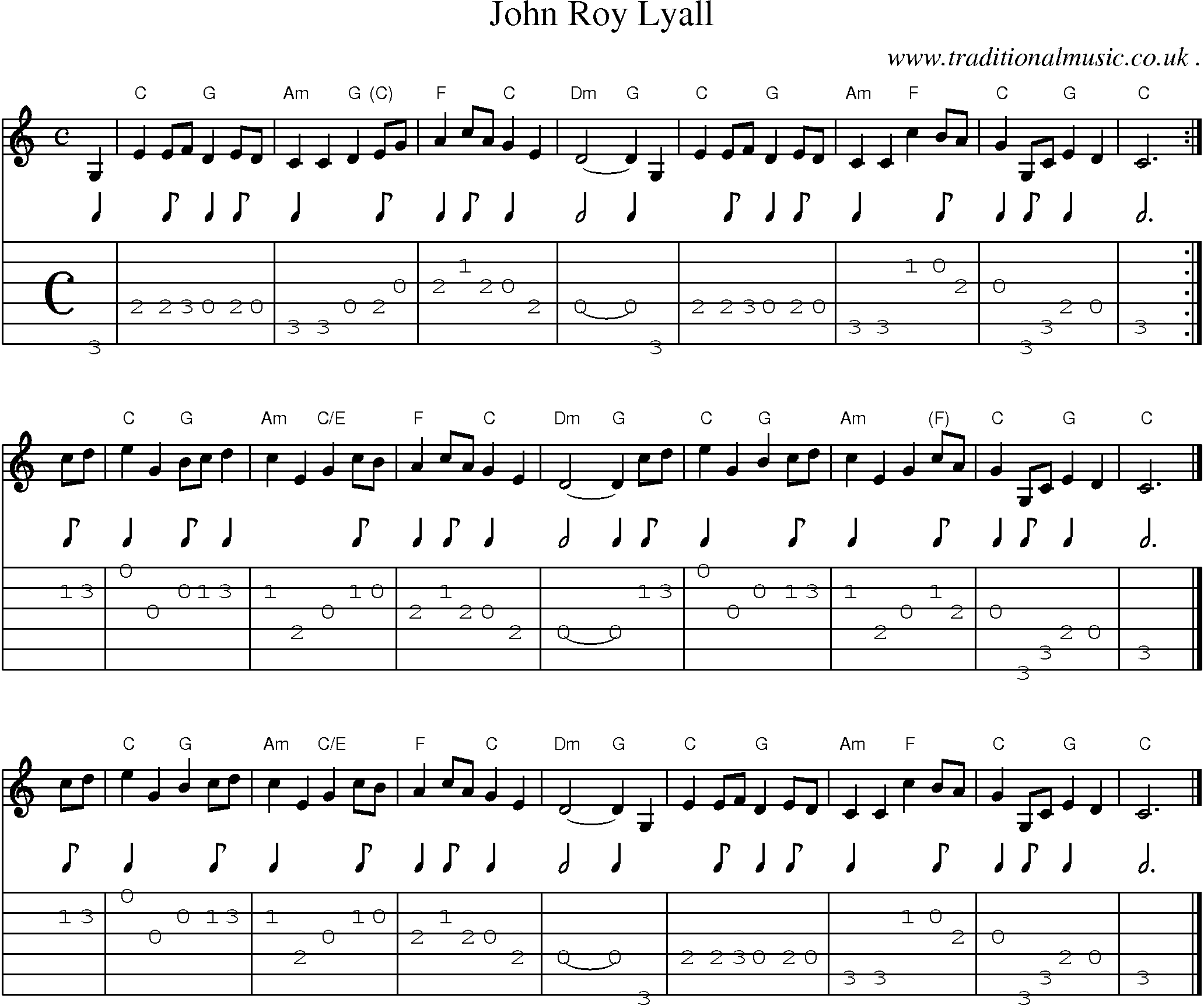 Sheet-music  score, Chords and Guitar Tabs for John Roy Lyall