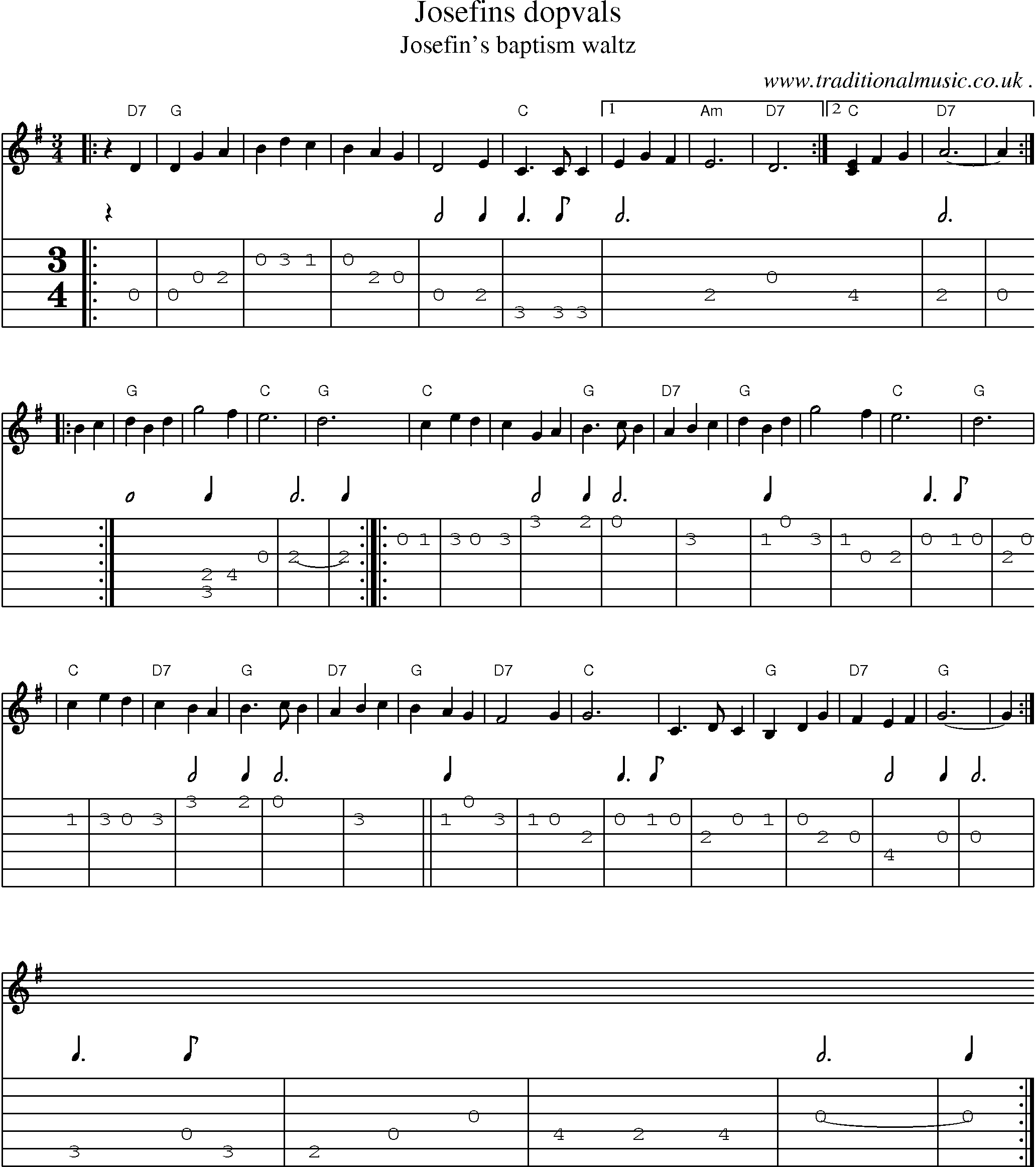 Sheet-music  score, Chords and Guitar Tabs for Josefins Dopvals