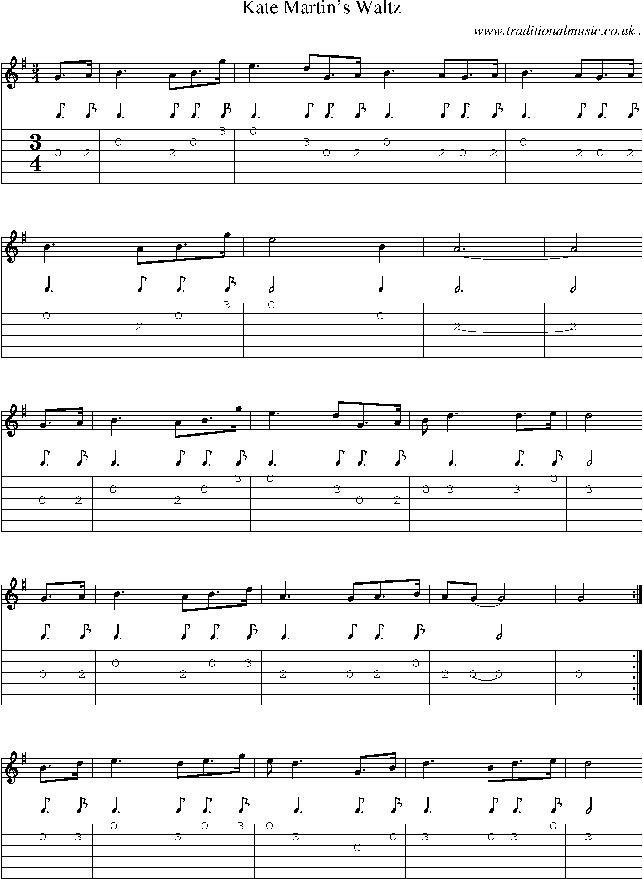 Sheet-music  score, Chords and Guitar Tabs for Kate Martins Waltz