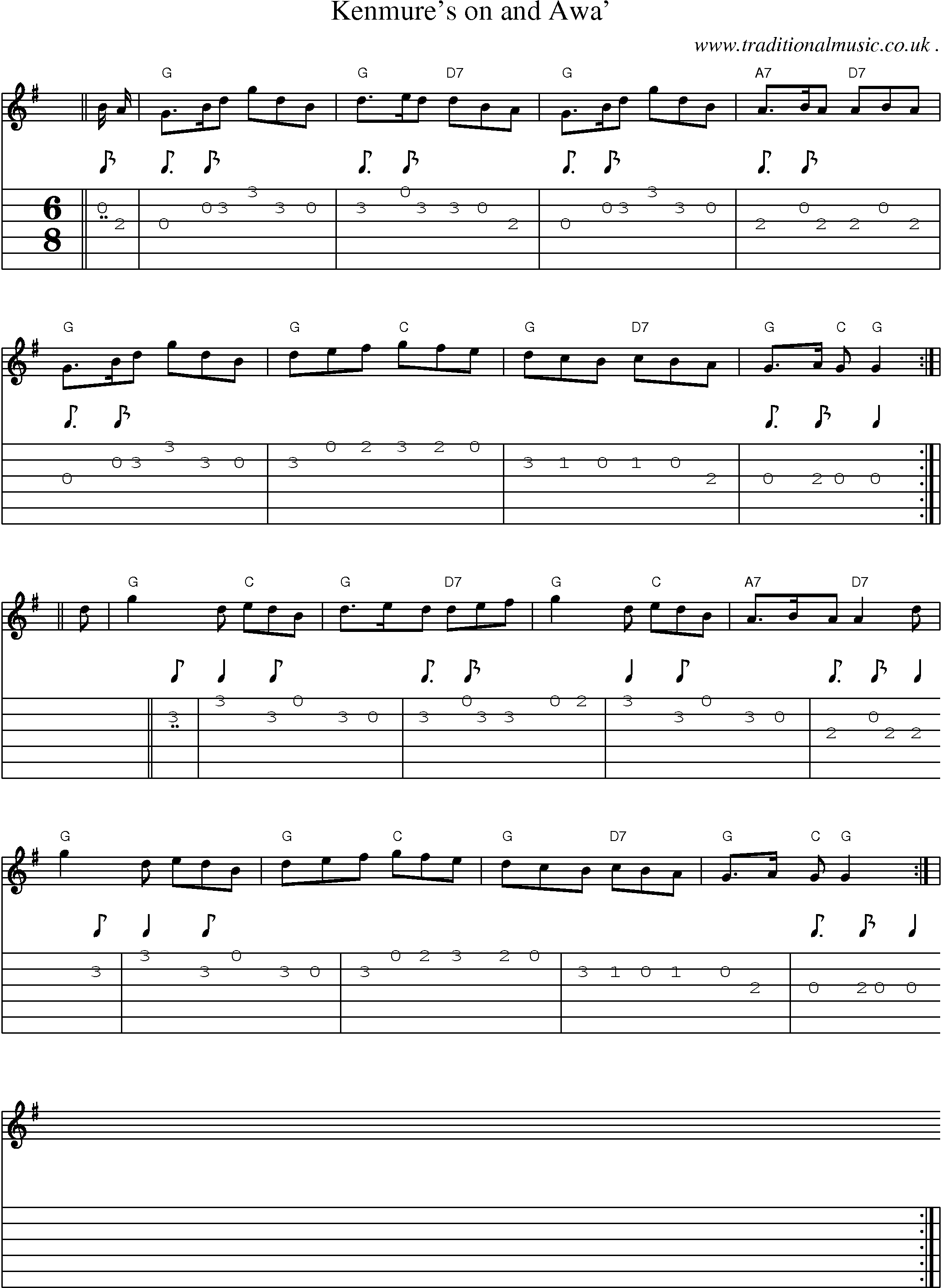 Sheet-music  score, Chords and Guitar Tabs for Kenmures On And Awa