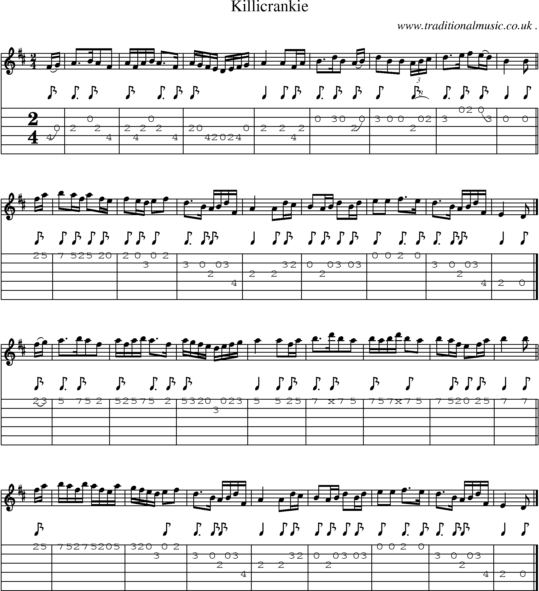 Sheet-music  score, Chords and Guitar Tabs for Killicrankie