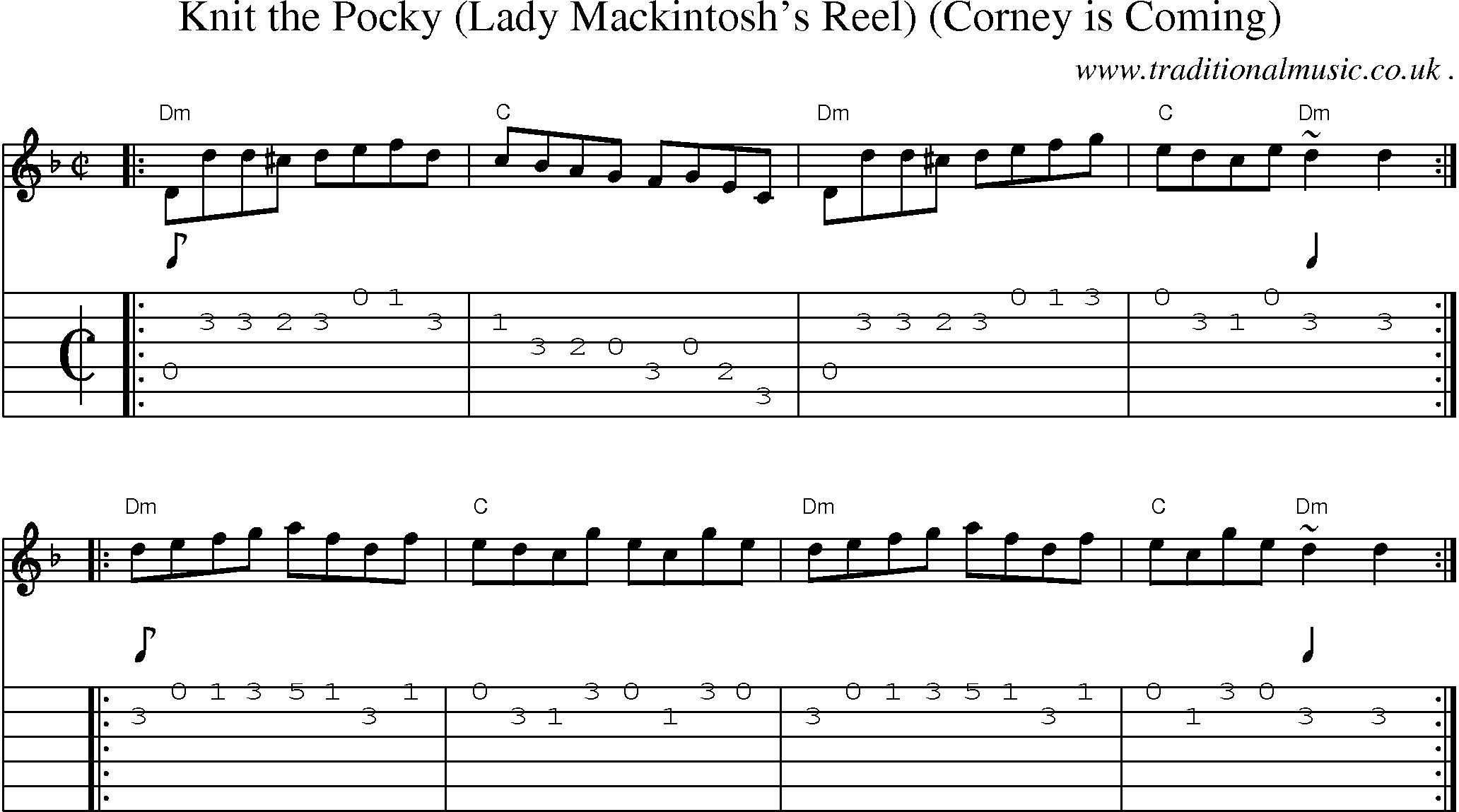 Sheet-music  score, Chords and Guitar Tabs for Knit The Pocky Lady Mackintoshs Reel Corney Is Coming