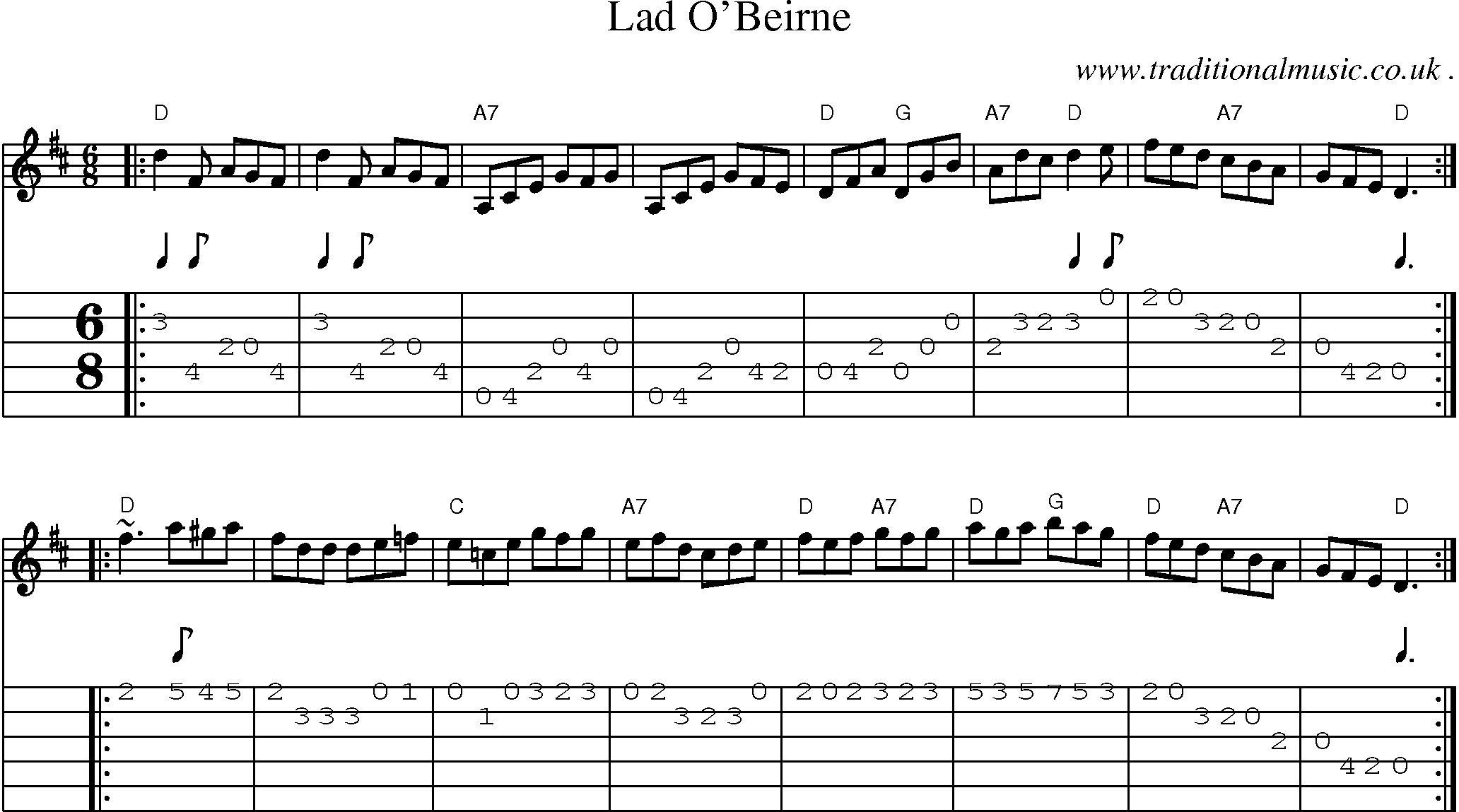 Sheet-music  score, Chords and Guitar Tabs for Lad Obeirne