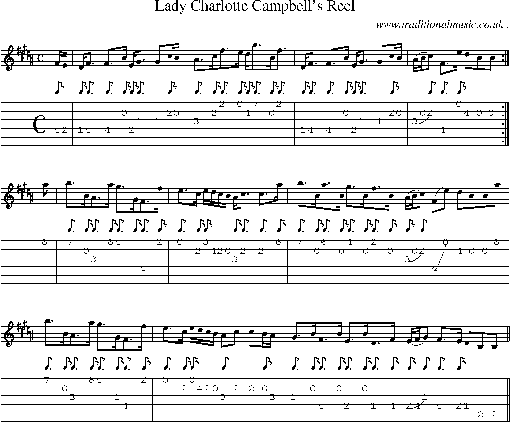 Sheet-music  score, Chords and Guitar Tabs for Lady Charlotte Campbells Reel
