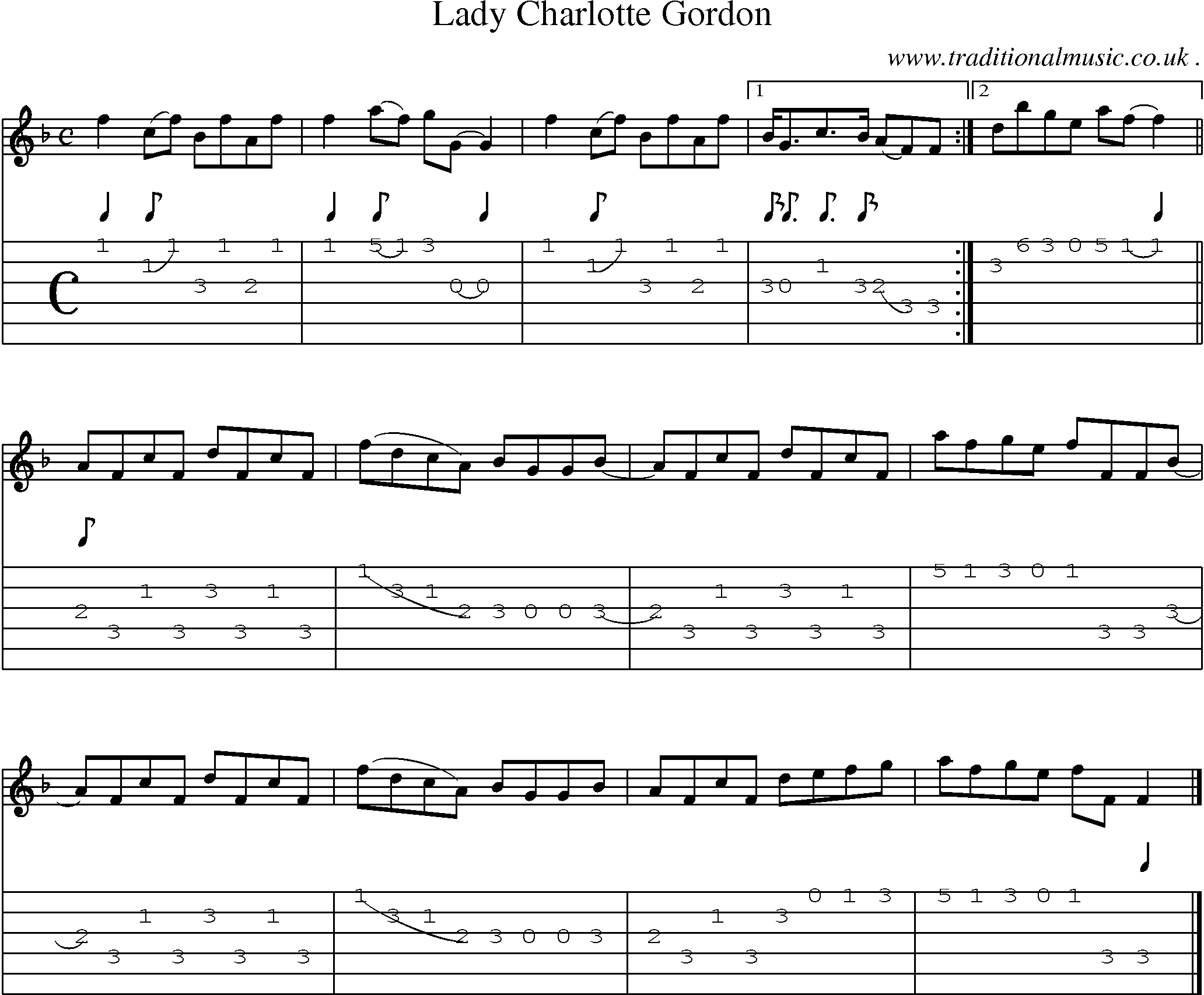 Sheet-music  score, Chords and Guitar Tabs for Lady Charlotte Gordon