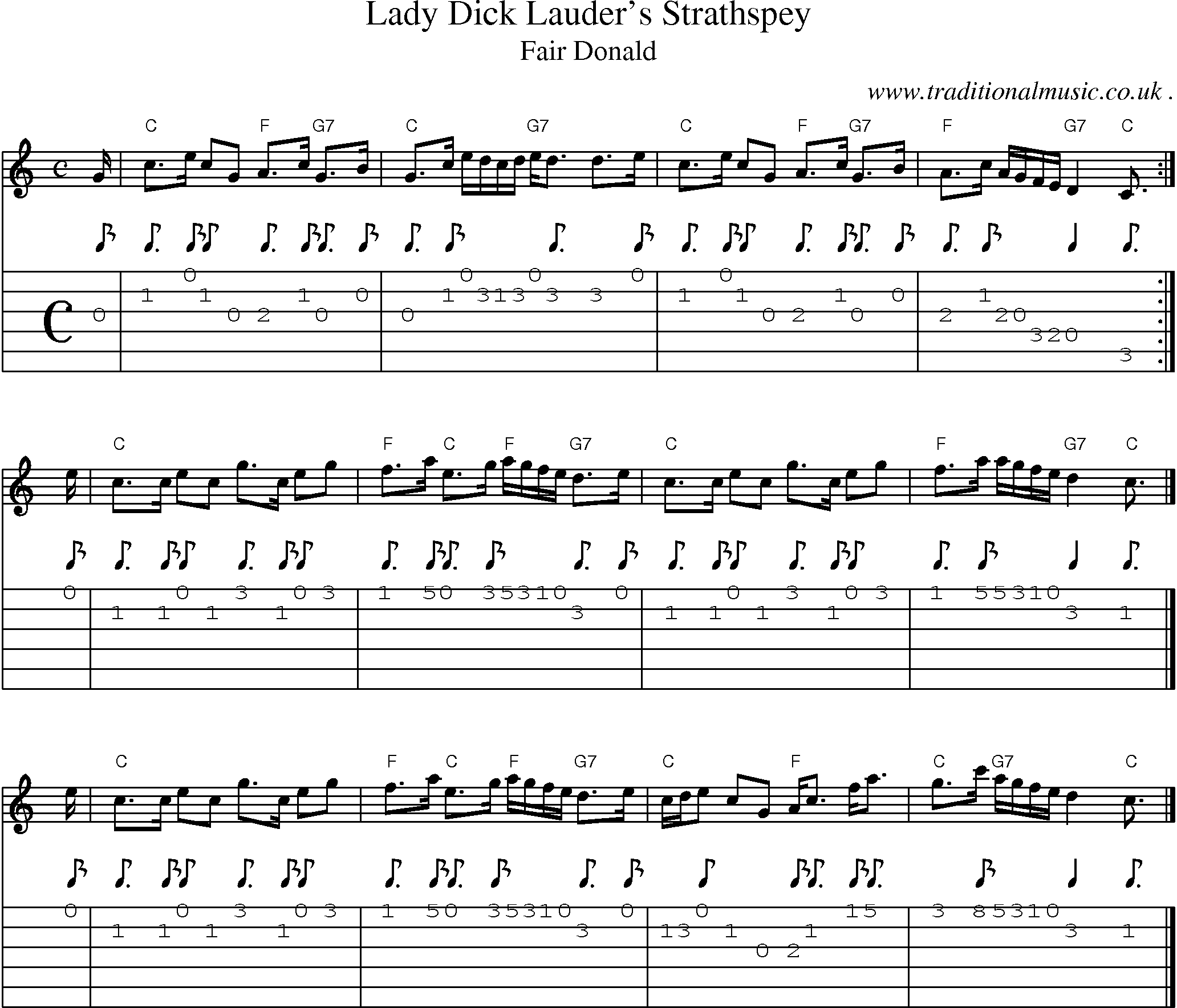 Sheet-music  score, Chords and Guitar Tabs for Lady Dick Lauders Strathspey