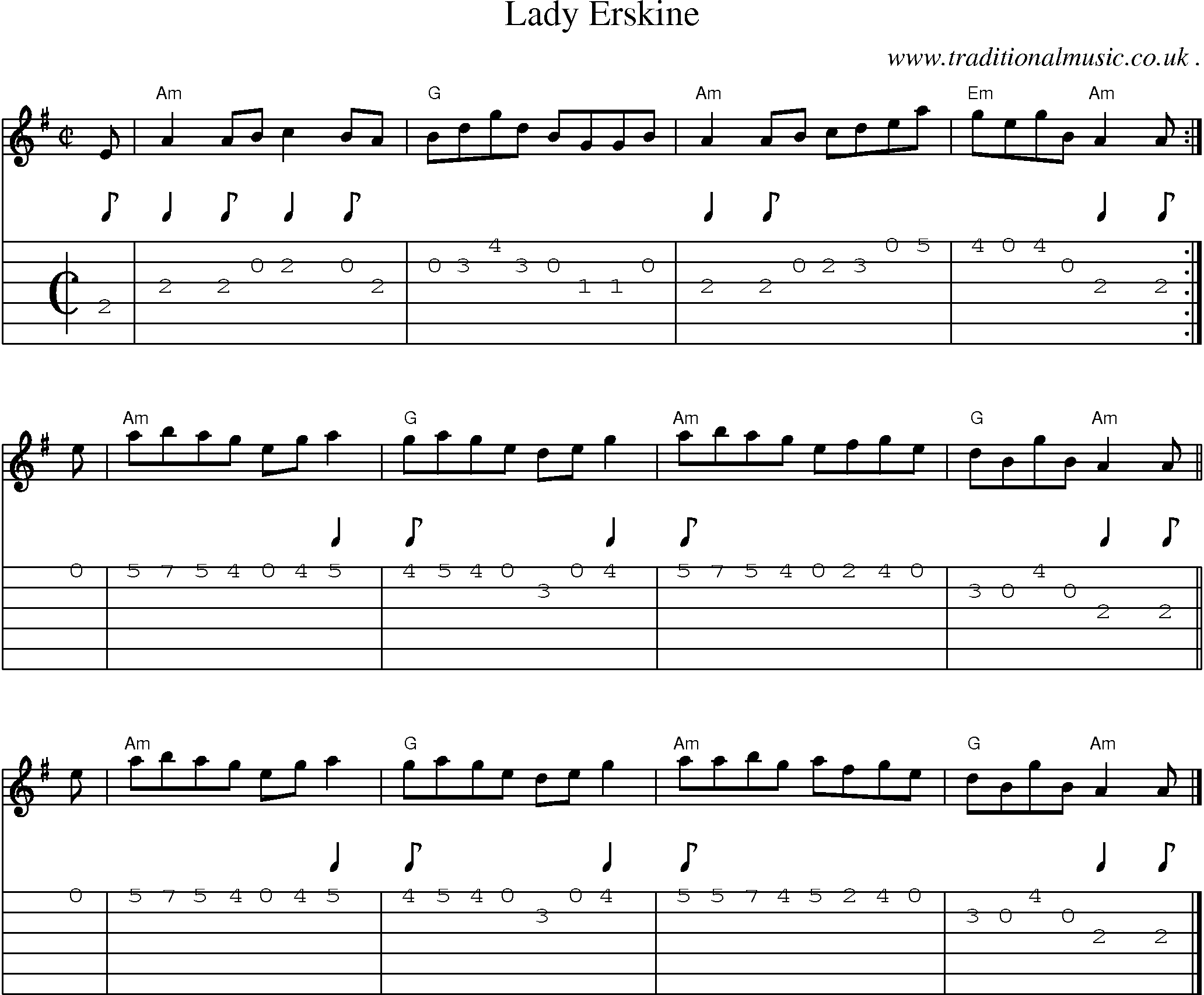Sheet-music  score, Chords and Guitar Tabs for Lady Erskine