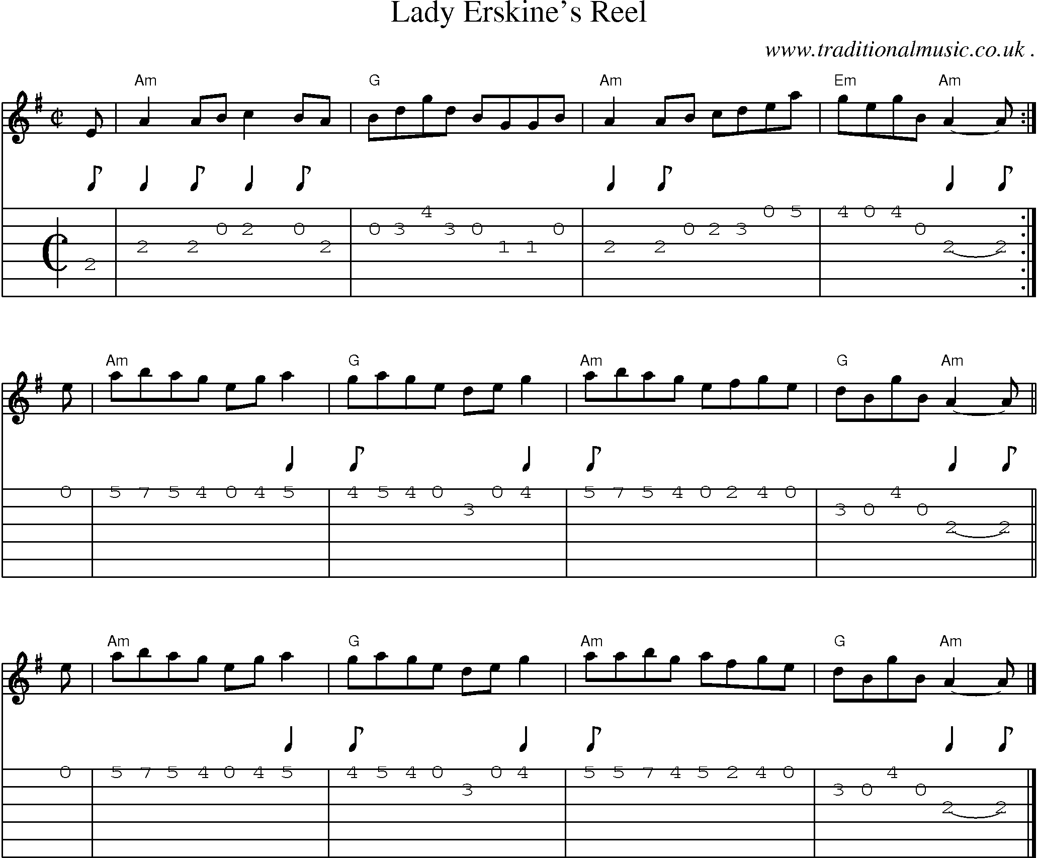 Sheet-music  score, Chords and Guitar Tabs for Lady Erskines Reel