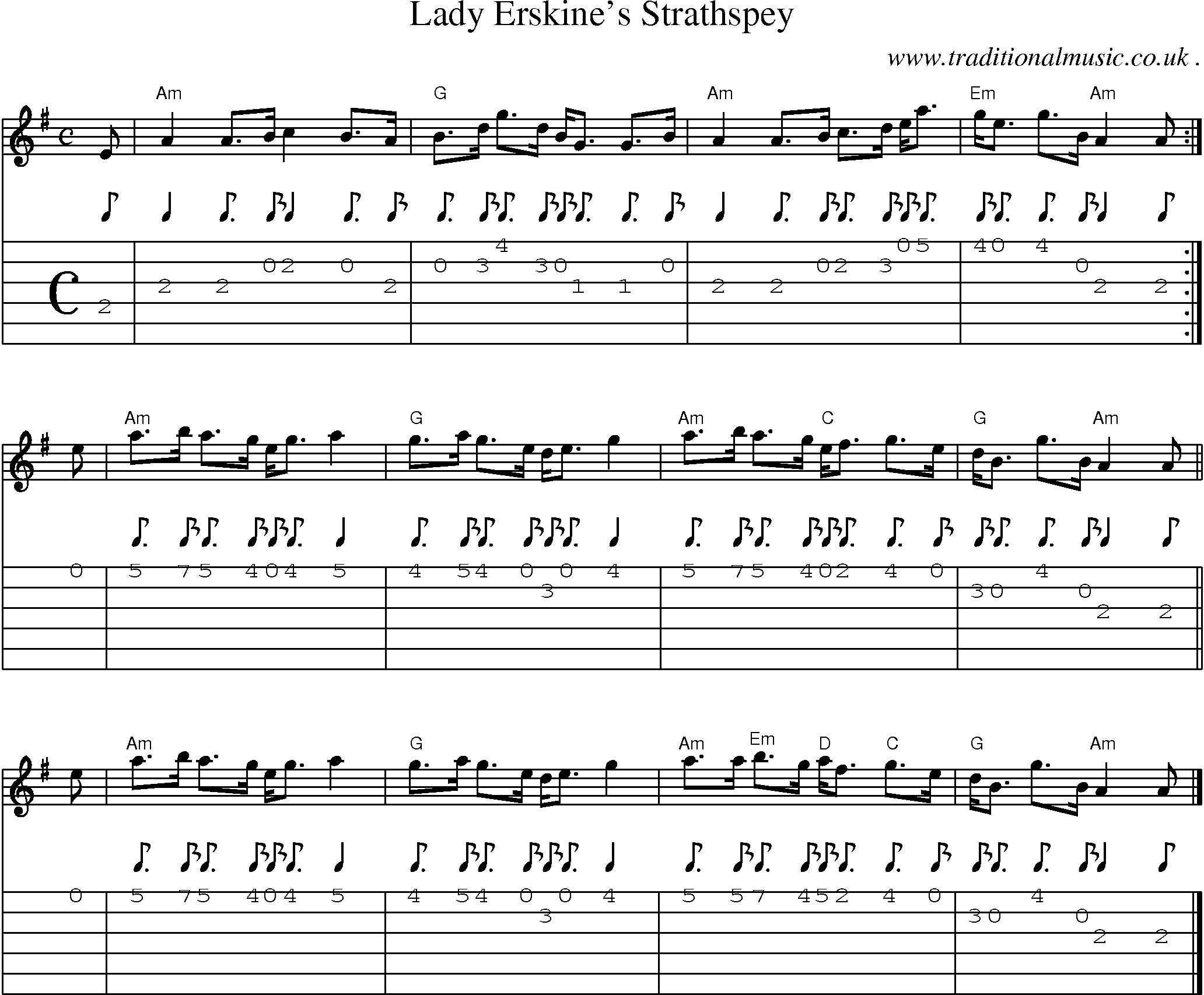 Sheet-music  score, Chords and Guitar Tabs for Lady Erskines Strathspey