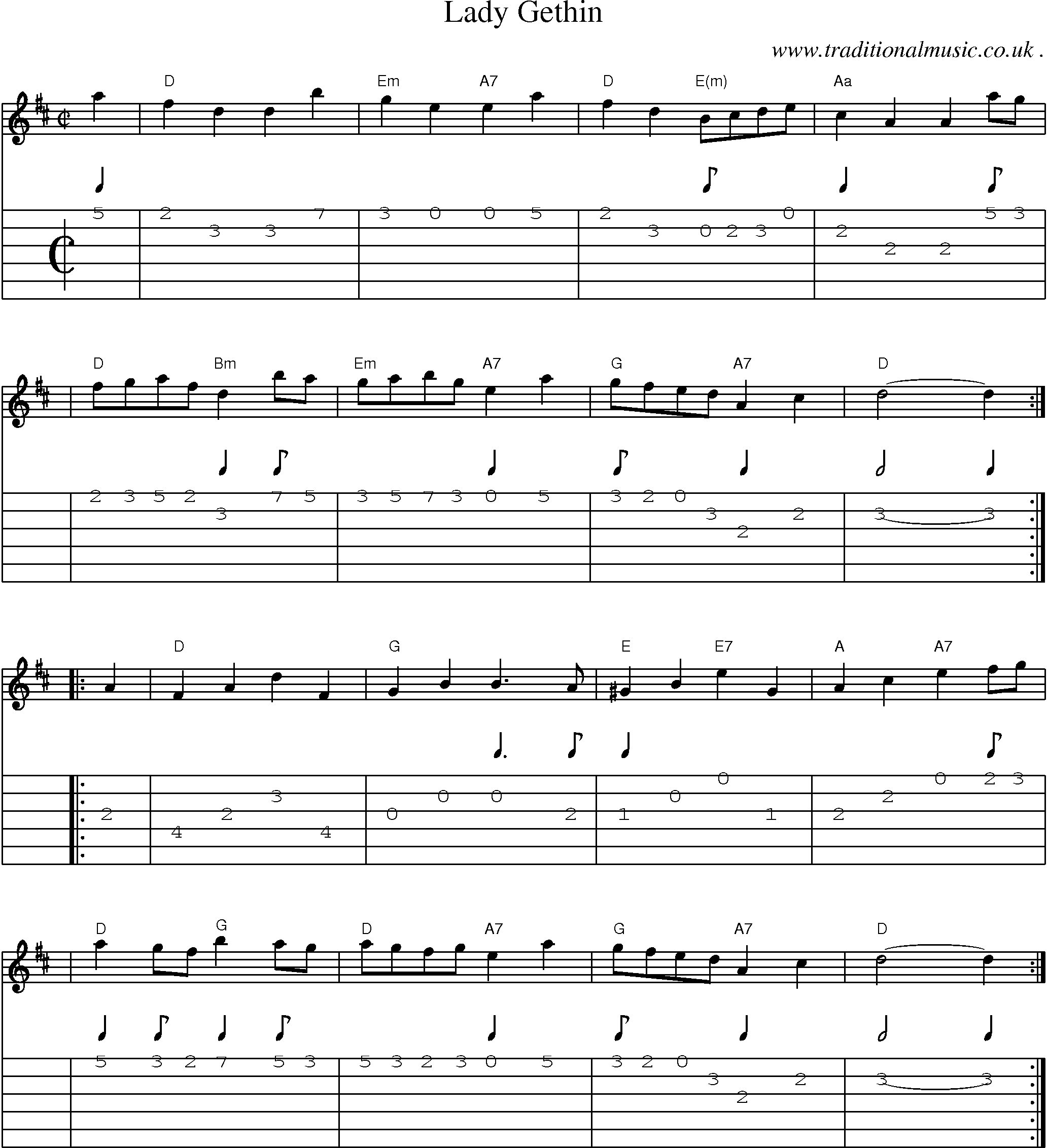 Sheet-music  score, Chords and Guitar Tabs for Lady Gethin