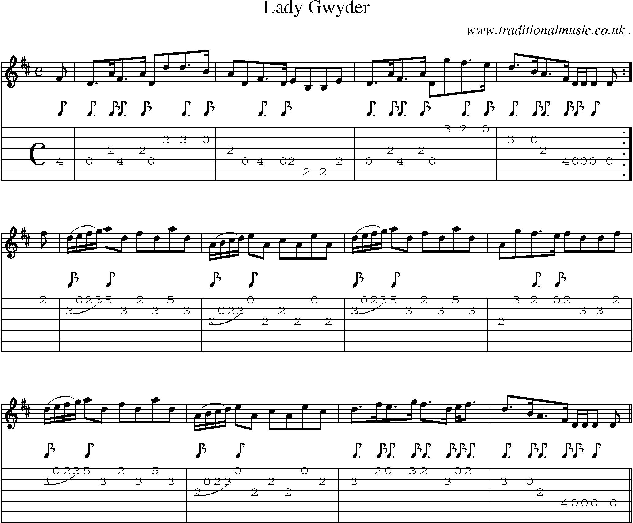 Sheet-music  score, Chords and Guitar Tabs for Lady Gwyder