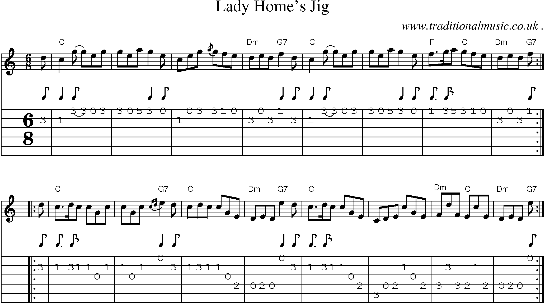 Sheet-music  score, Chords and Guitar Tabs for Lady Homes Jig