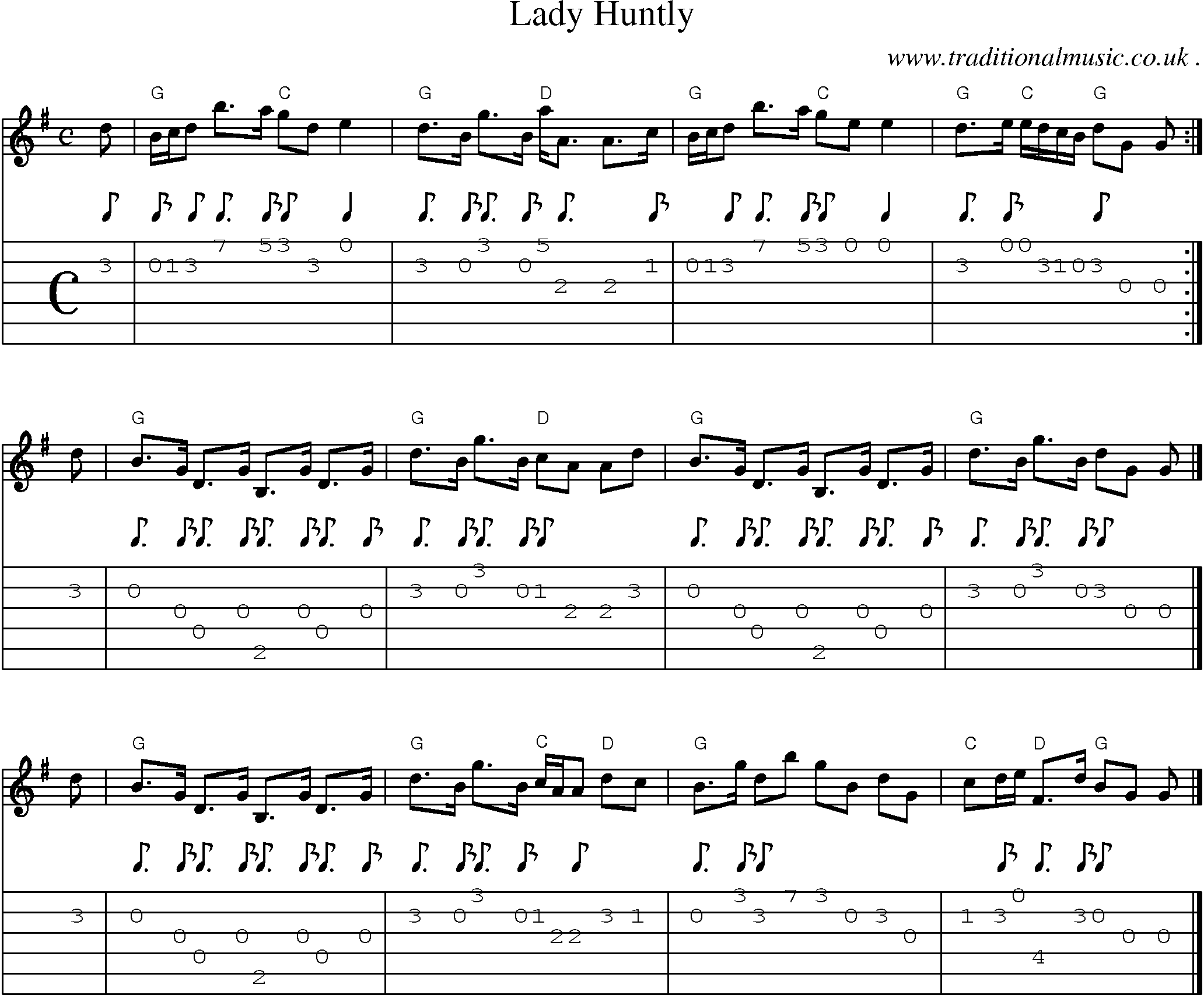 Sheet-music  score, Chords and Guitar Tabs for Lady Huntly