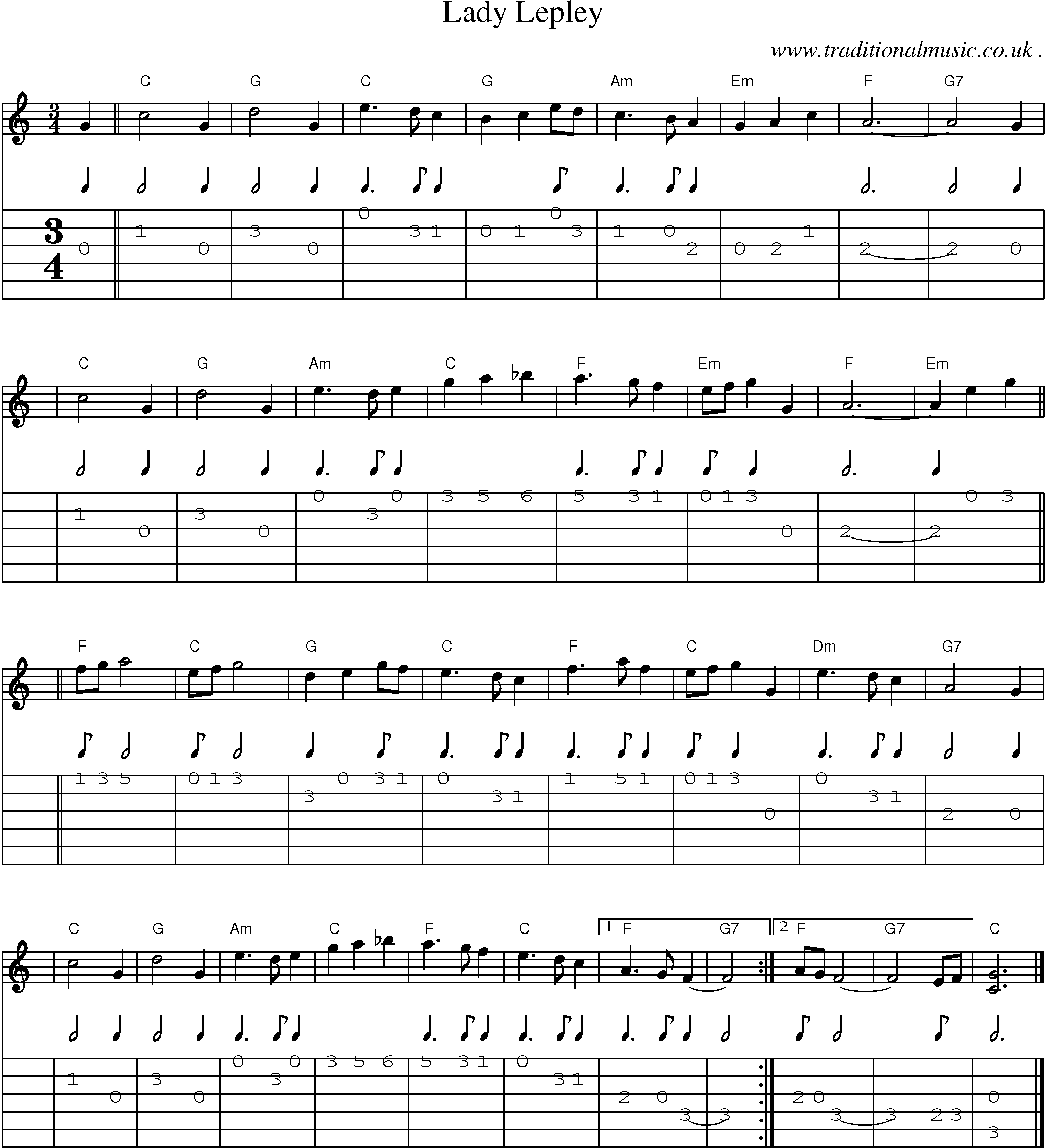 Sheet-music  score, Chords and Guitar Tabs for Lady Lepley