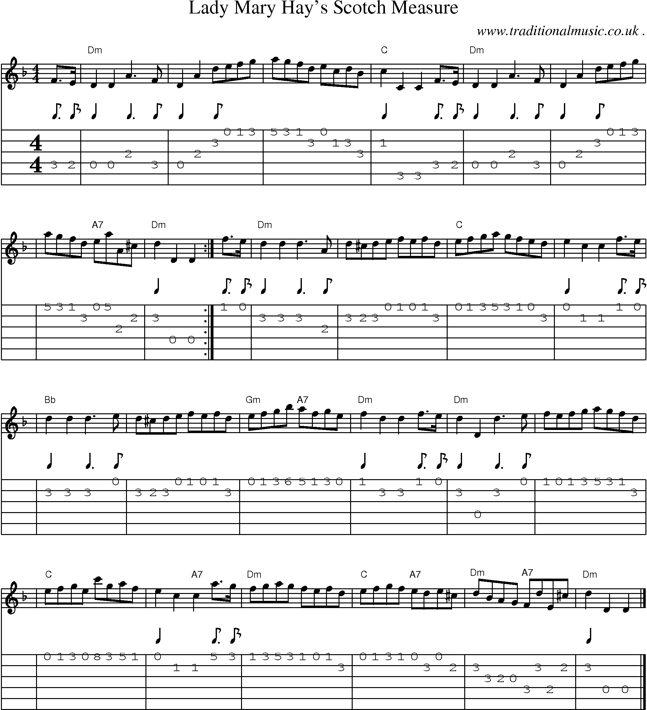 Sheet-music  score, Chords and Guitar Tabs for Lady Mary Hays Scotch Measure