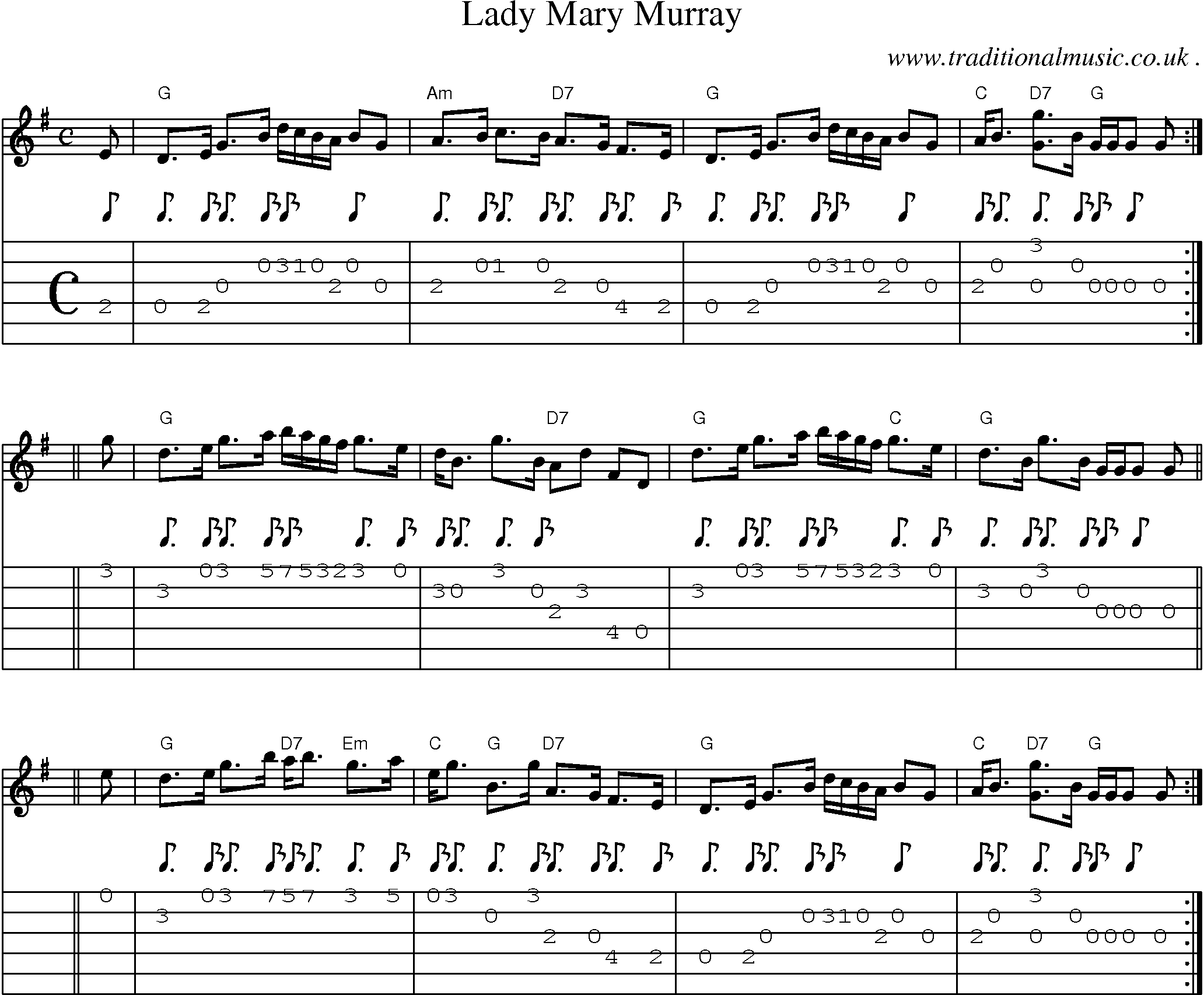 Sheet-music  score, Chords and Guitar Tabs for Lady Mary Murray
