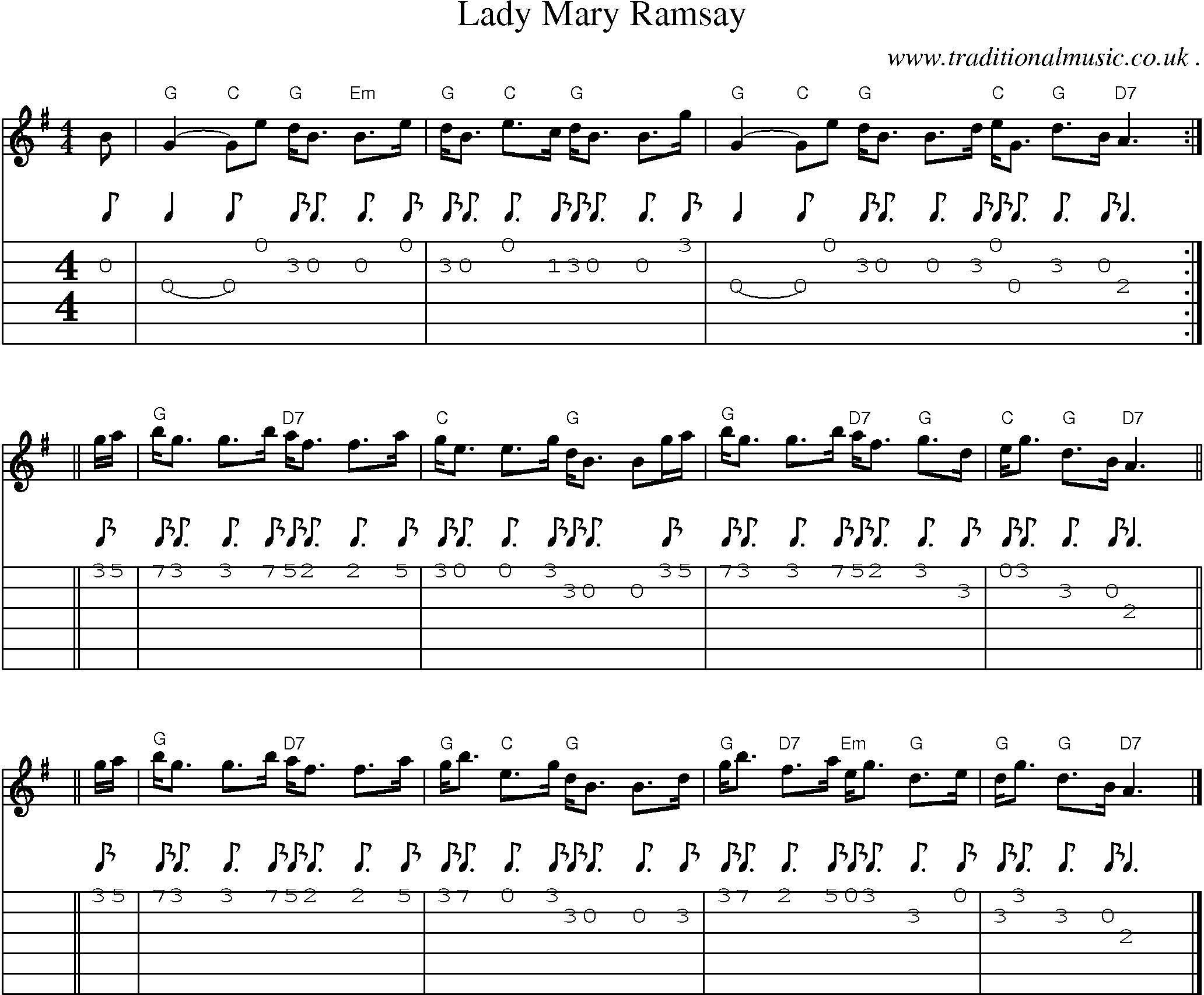Sheet-music  score, Chords and Guitar Tabs for Lady Mary Ramsay