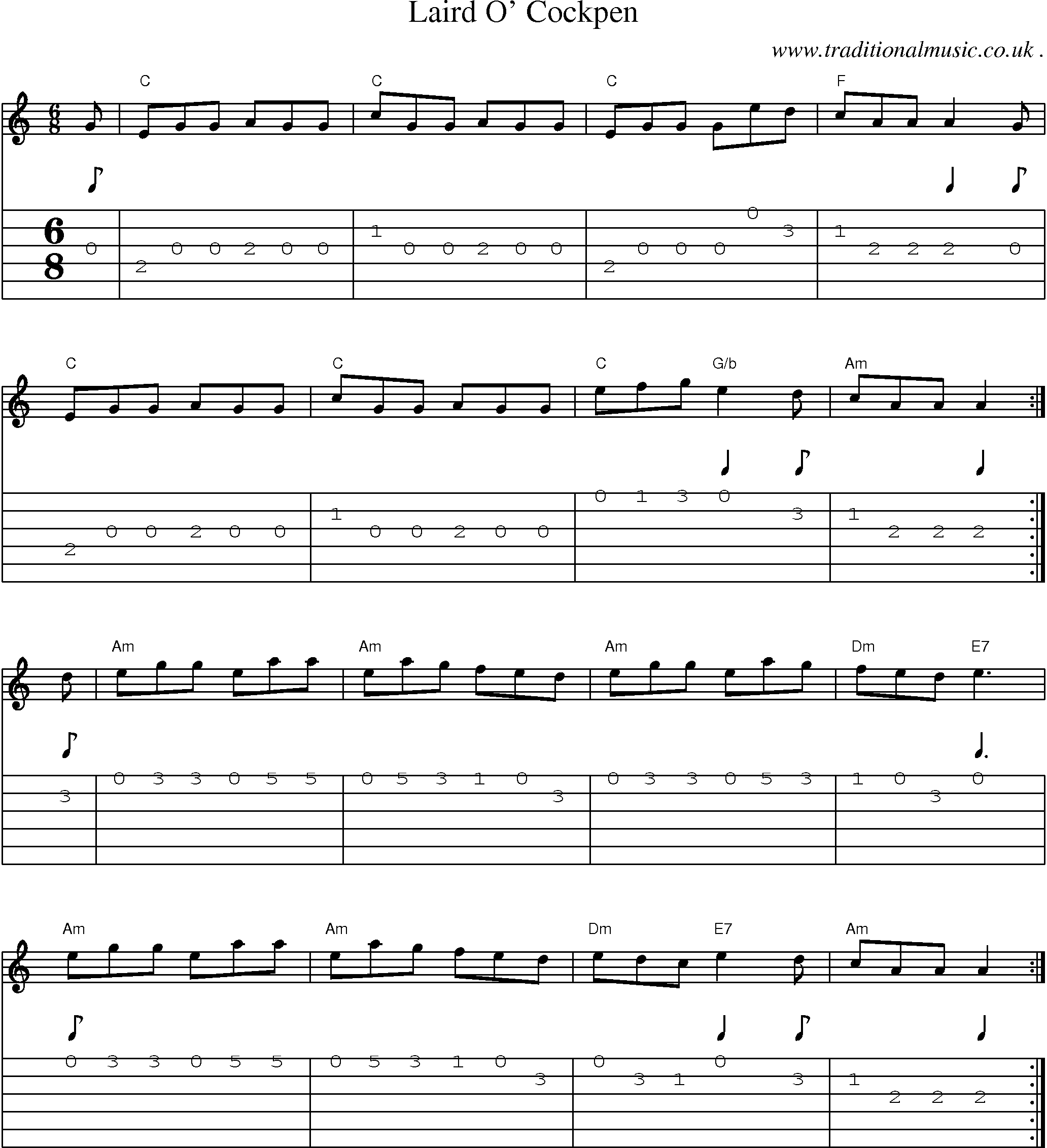 Sheet-music  score, Chords and Guitar Tabs for Laird O Cockpen