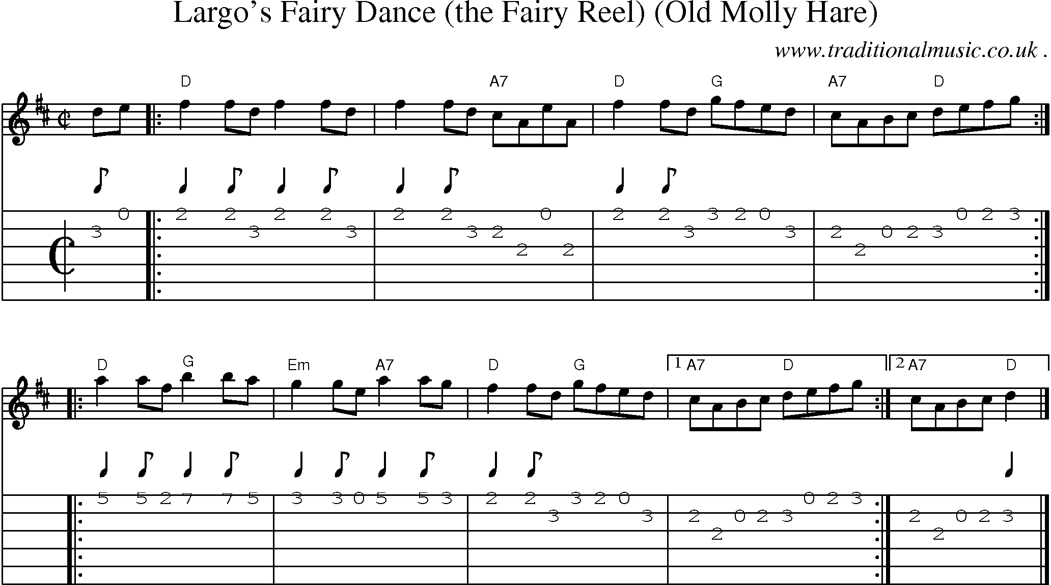 Sheet-music  score, Chords and Guitar Tabs for Largos Fairy Dance The Fairy Reel Old Molly Hare