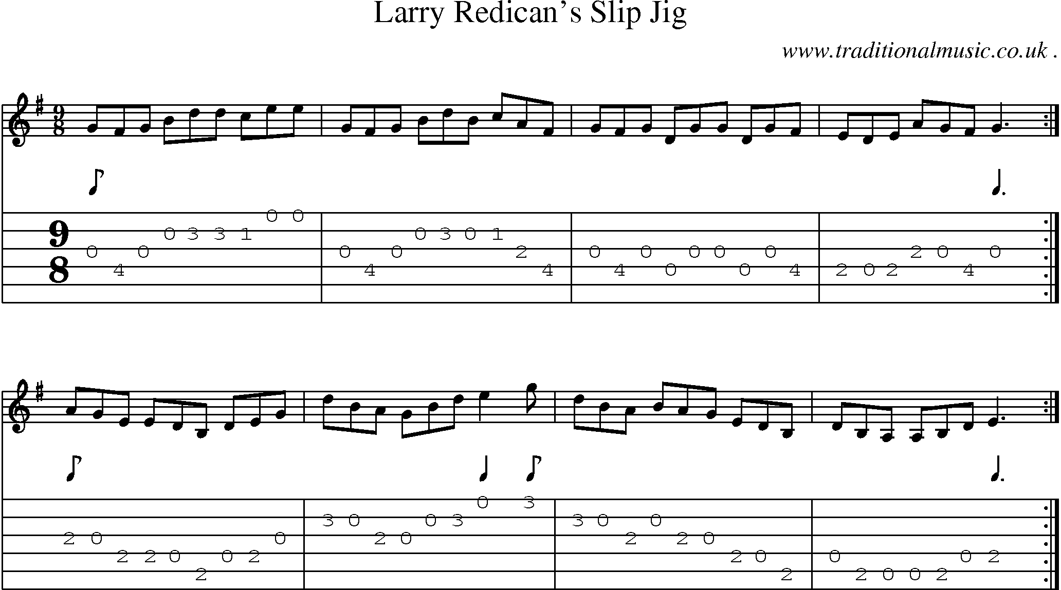 Sheet-music  score, Chords and Guitar Tabs for Larry Redicans Slip Jig