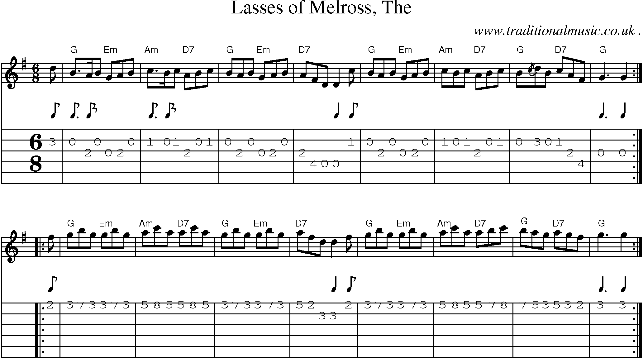 Sheet-music  score, Chords and Guitar Tabs for Lasses Of Melross The