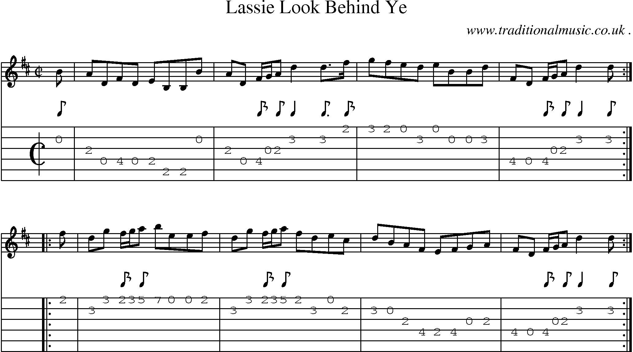 Sheet-music  score, Chords and Guitar Tabs for Lassie Look Behind Ye