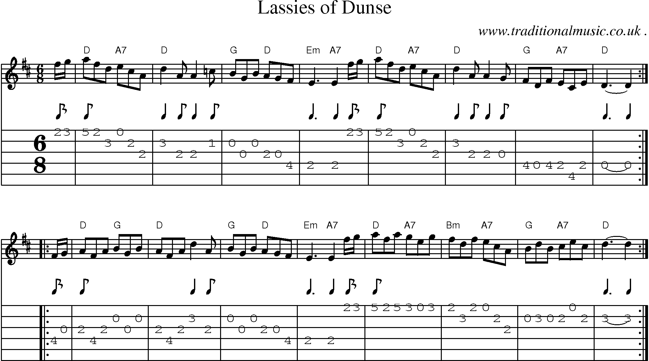 Sheet-music  score, Chords and Guitar Tabs for Lassies Of Dunse