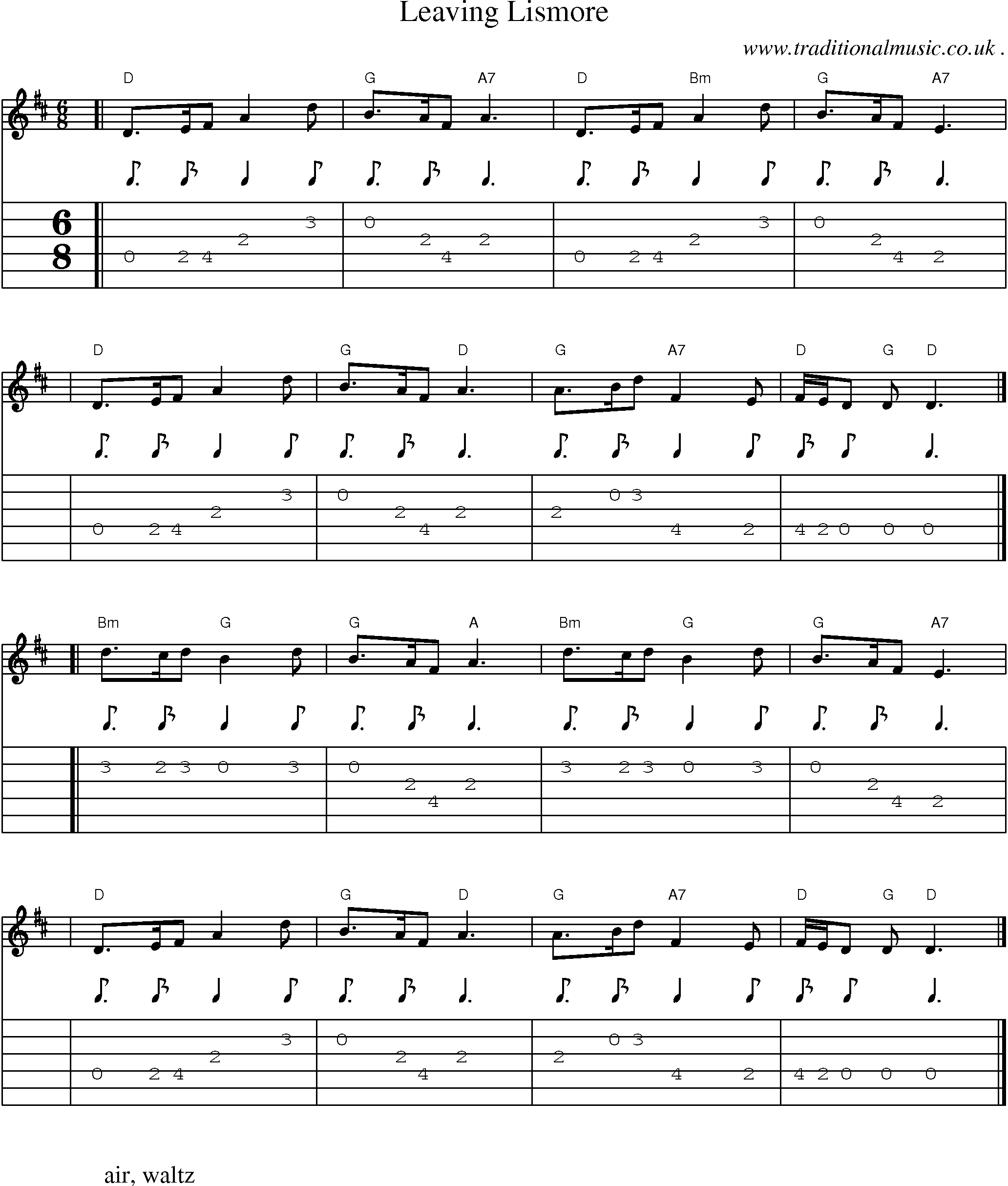 Sheet-music  score, Chords and Guitar Tabs for Leaving Lismore
